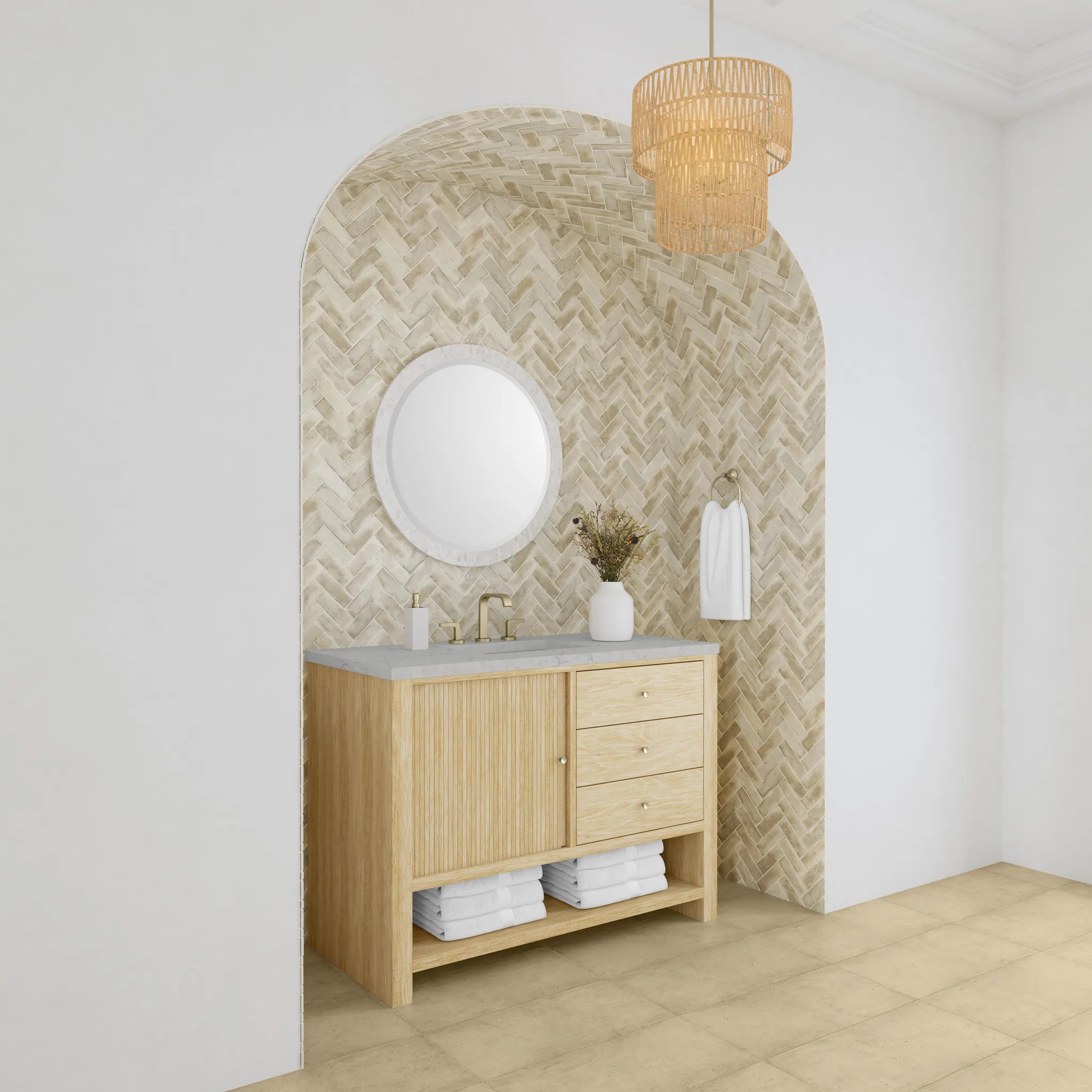 48" Marigot Single Vanity in Sunwashed Oak Wireless Charger-Eternal Jasmine Pearl Silestone-8" Widespread image 5