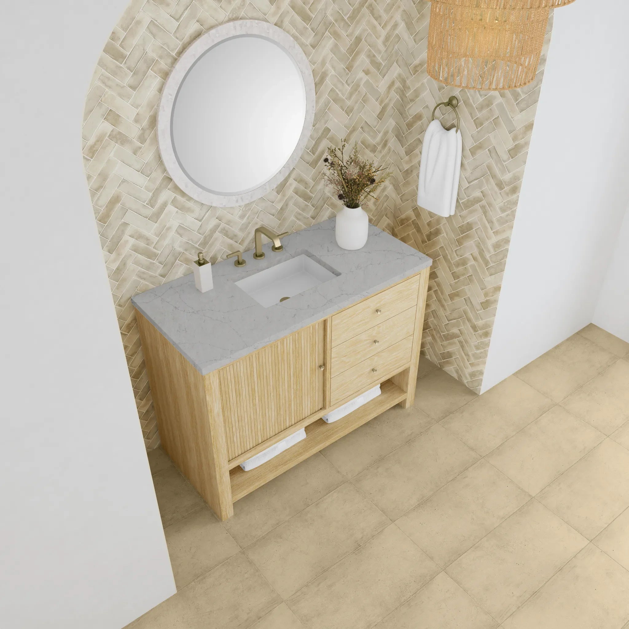 48" Marigot Single Vanity in Sunwashed Oak Wireless Charger-Eternal Jasmine Pearl Silestone-8" Widespread image 8