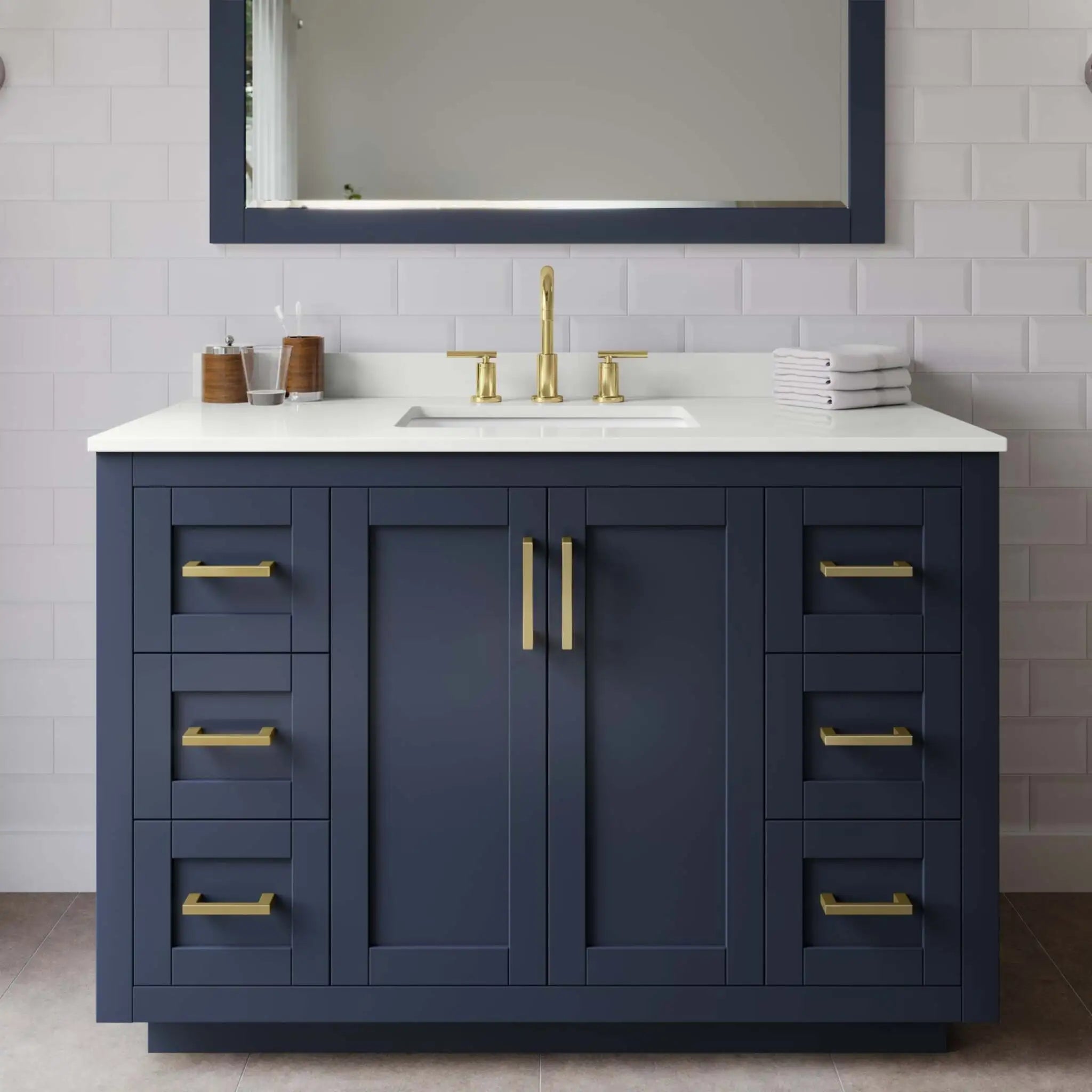 48" Miranda Single Bathroom Vanity in Dark Blue with Brushed Gold Trim & 46" Mirror by Wyndham