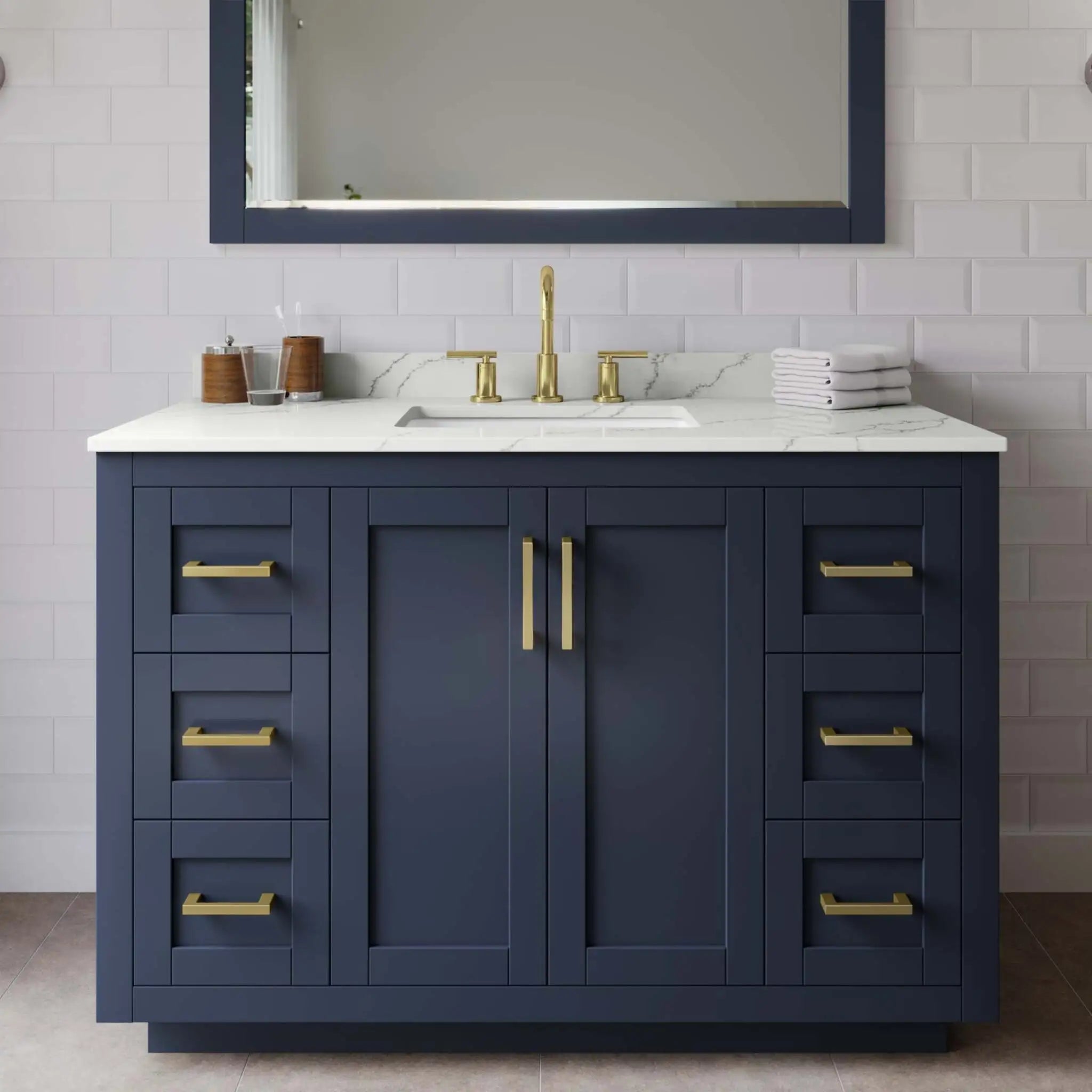 48" Miranda Single Bathroom Vanity in Dark Blue with Brushed Gold Trim by Wyndham