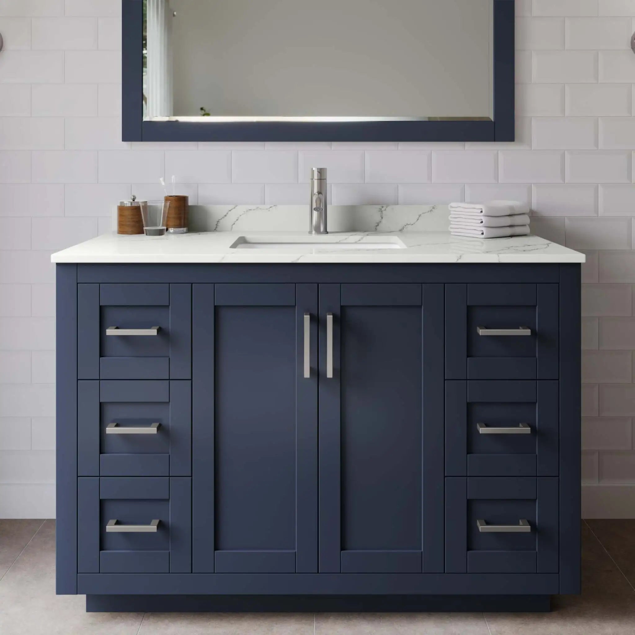 48" Miranda Single Bathroom Vanity in Dark Blue with Brushed Nickel Trim & 46" Mirror by Wyndham