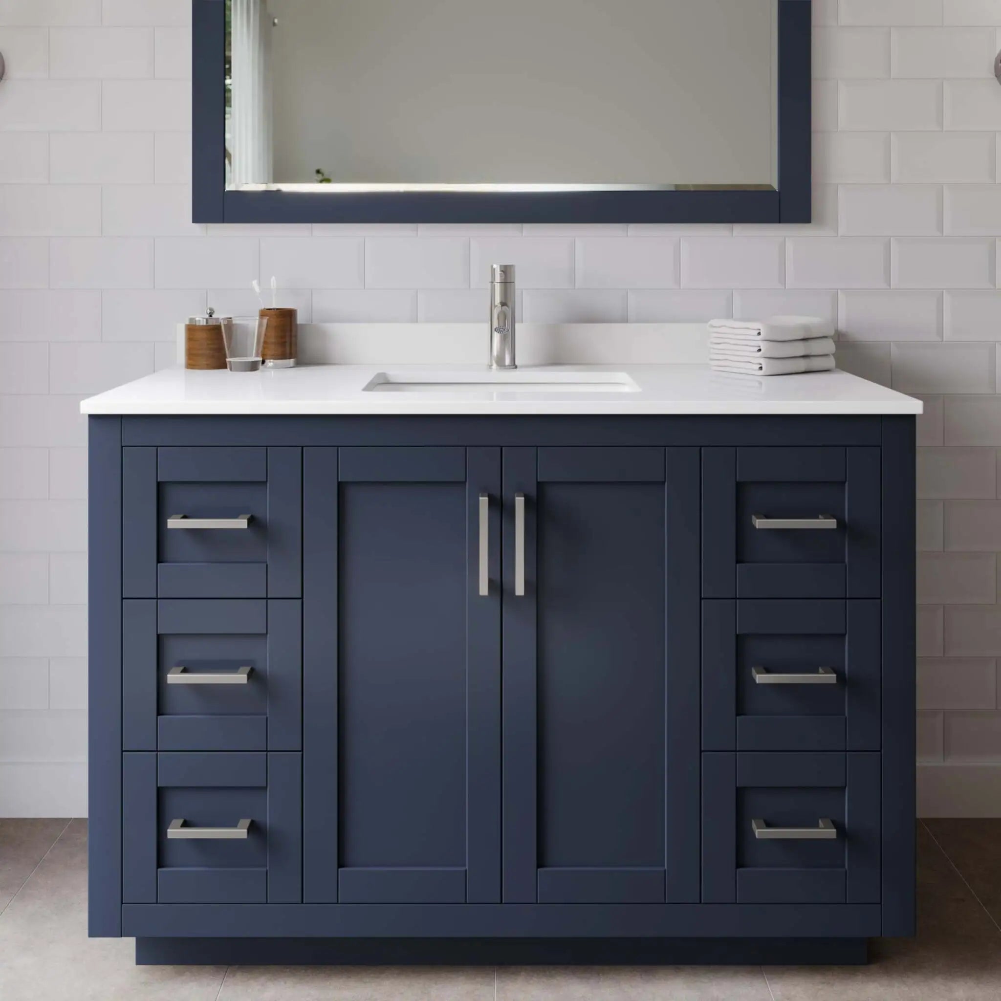 48" Miranda Single Bathroom Vanity in Dark Blue with Brushed Nickel Trim & 46" Mirror by Wyndham