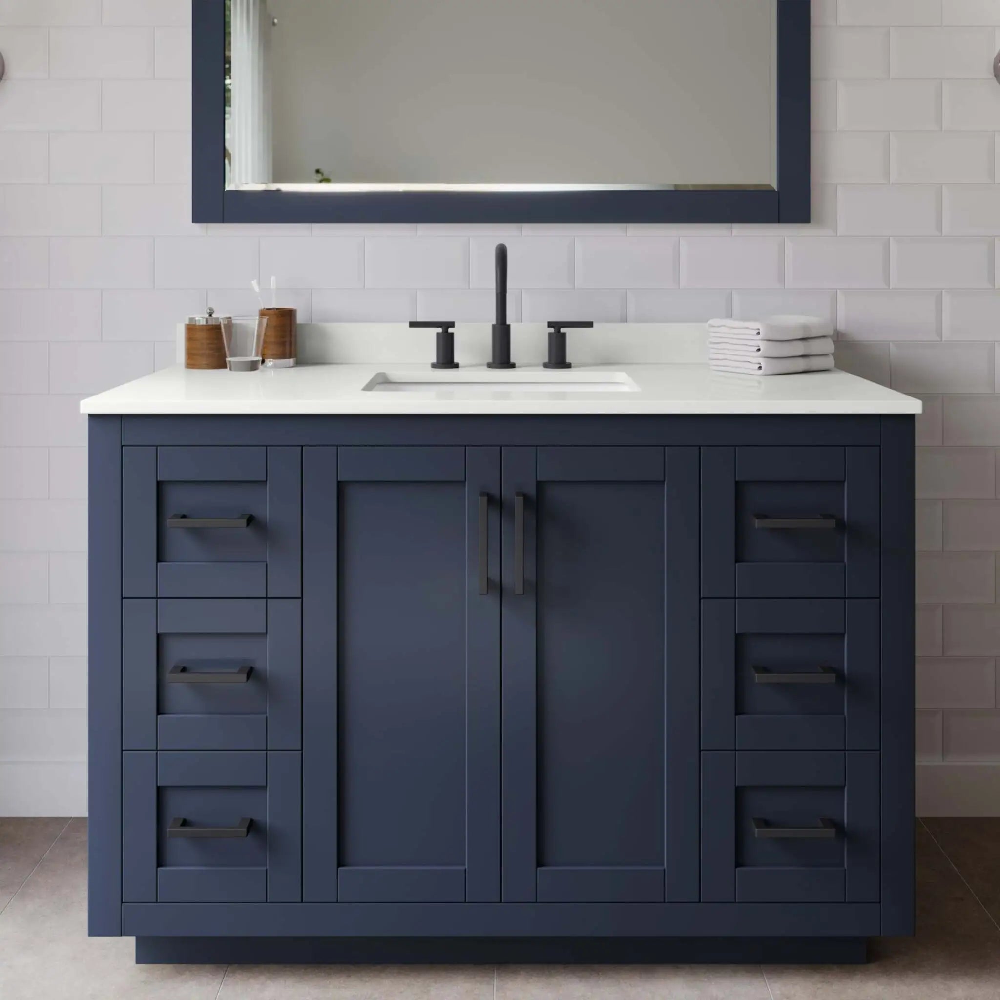 48" Miranda Single Bathroom Vanity in Dark Blue with Matte Black Trim & 46" Mirror by Wyndham