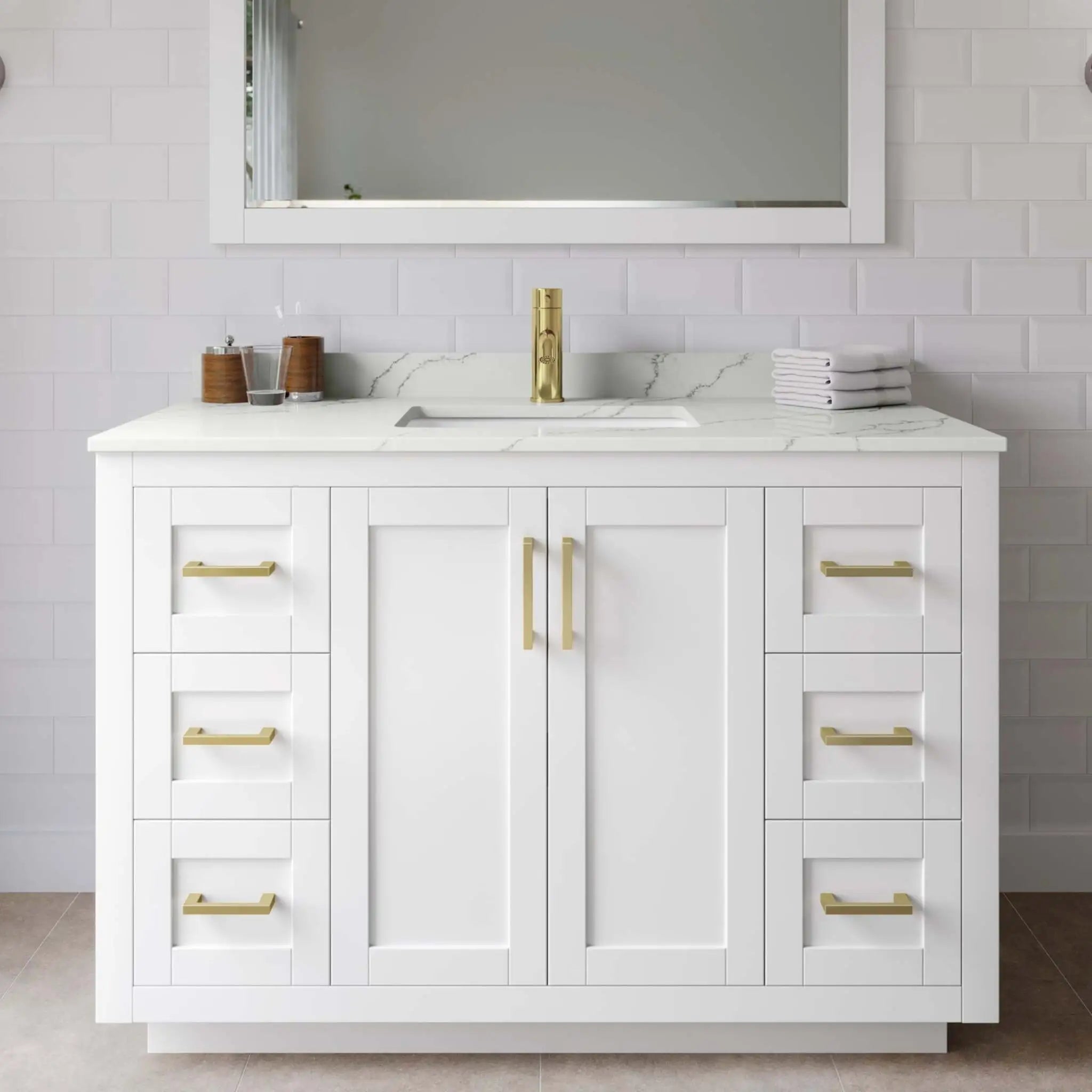 48" Miranda Single Bathroom Vanity in White with Brushed Gold Trim & 46" Mirror by Wyndham