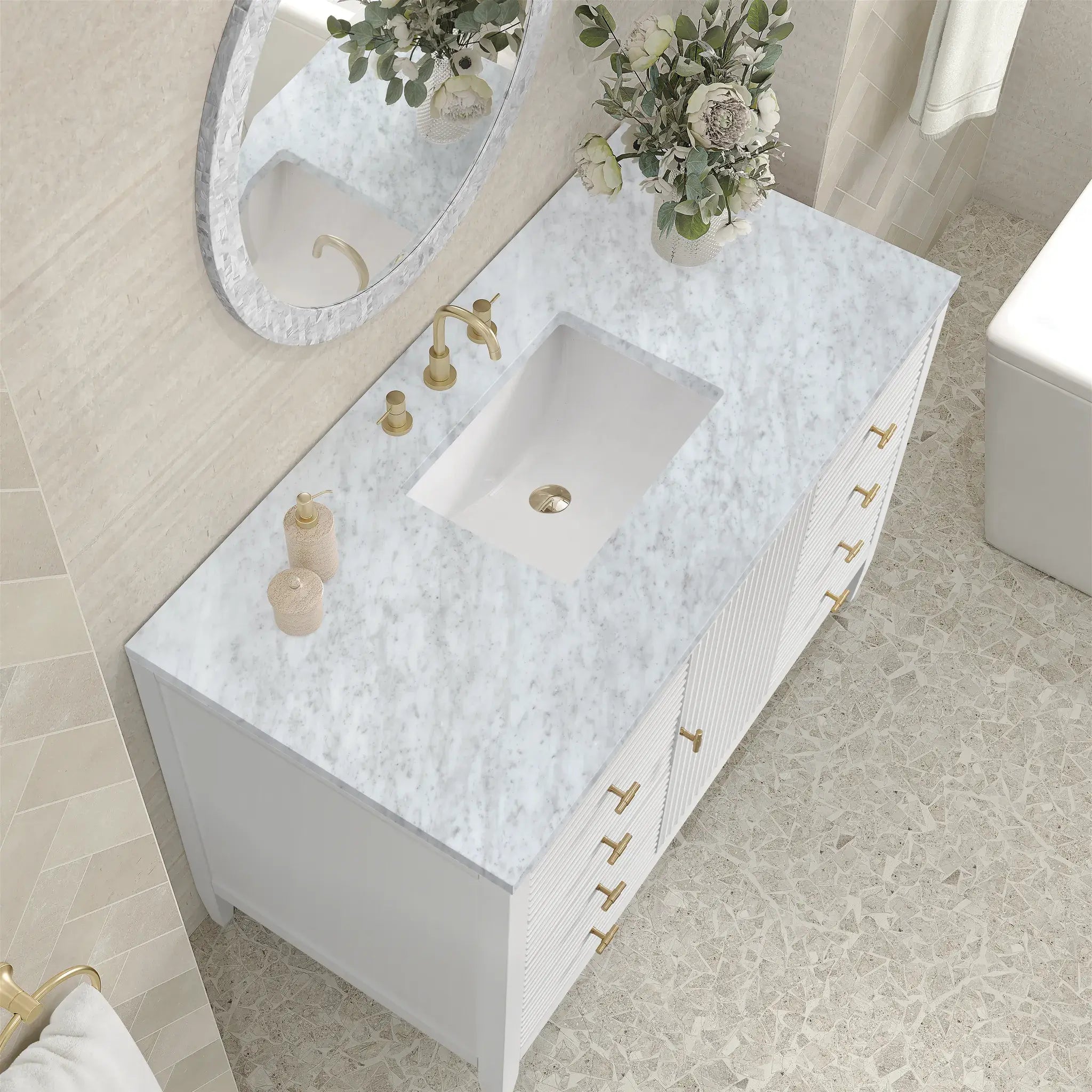 48" Myrrin Single Vanity in Bright White-Carrara White Marble-8" Widespread image 6