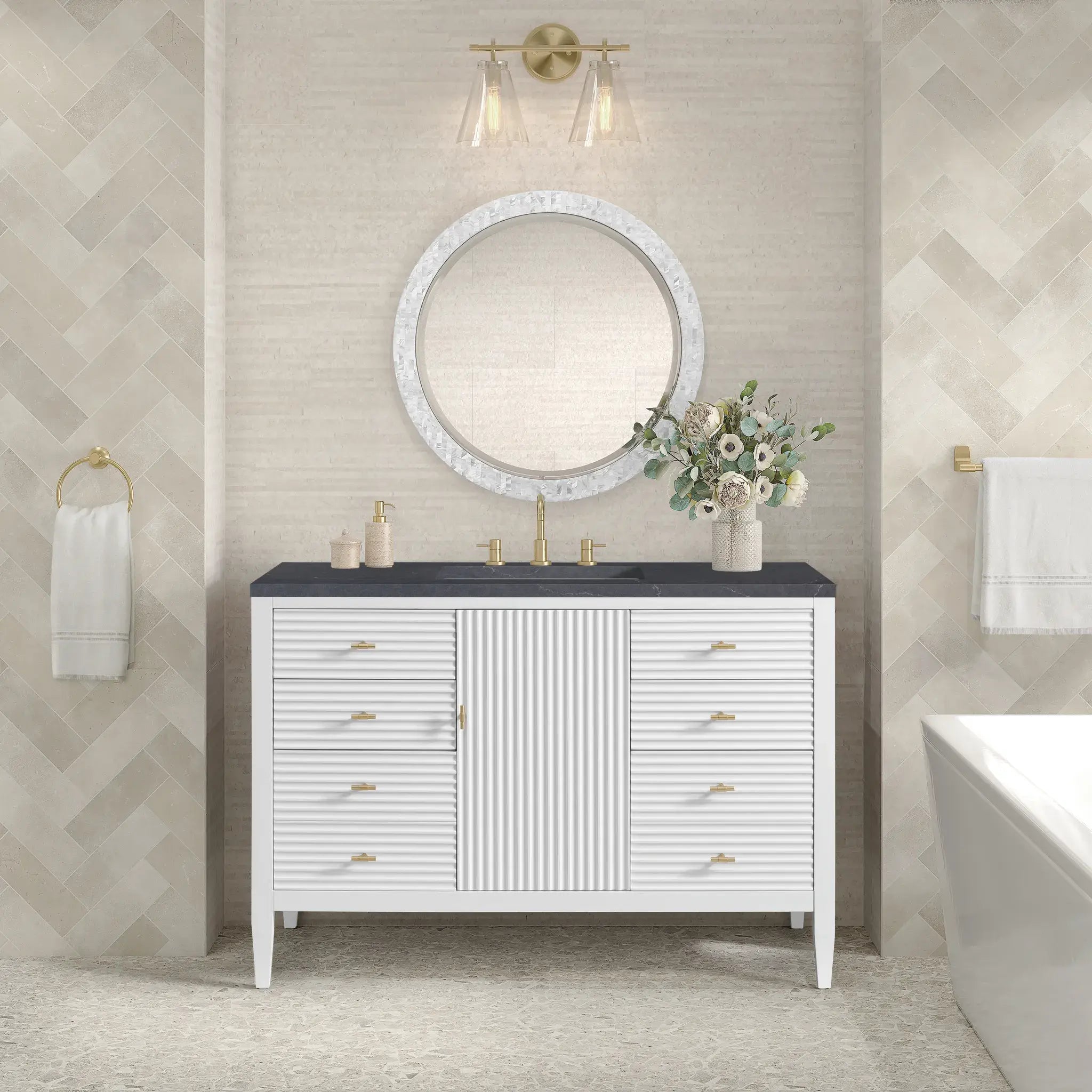 48" Myrrin Single Vanity in Bright White-Charcoal Soapstone Silestone-8" Widespread image 2