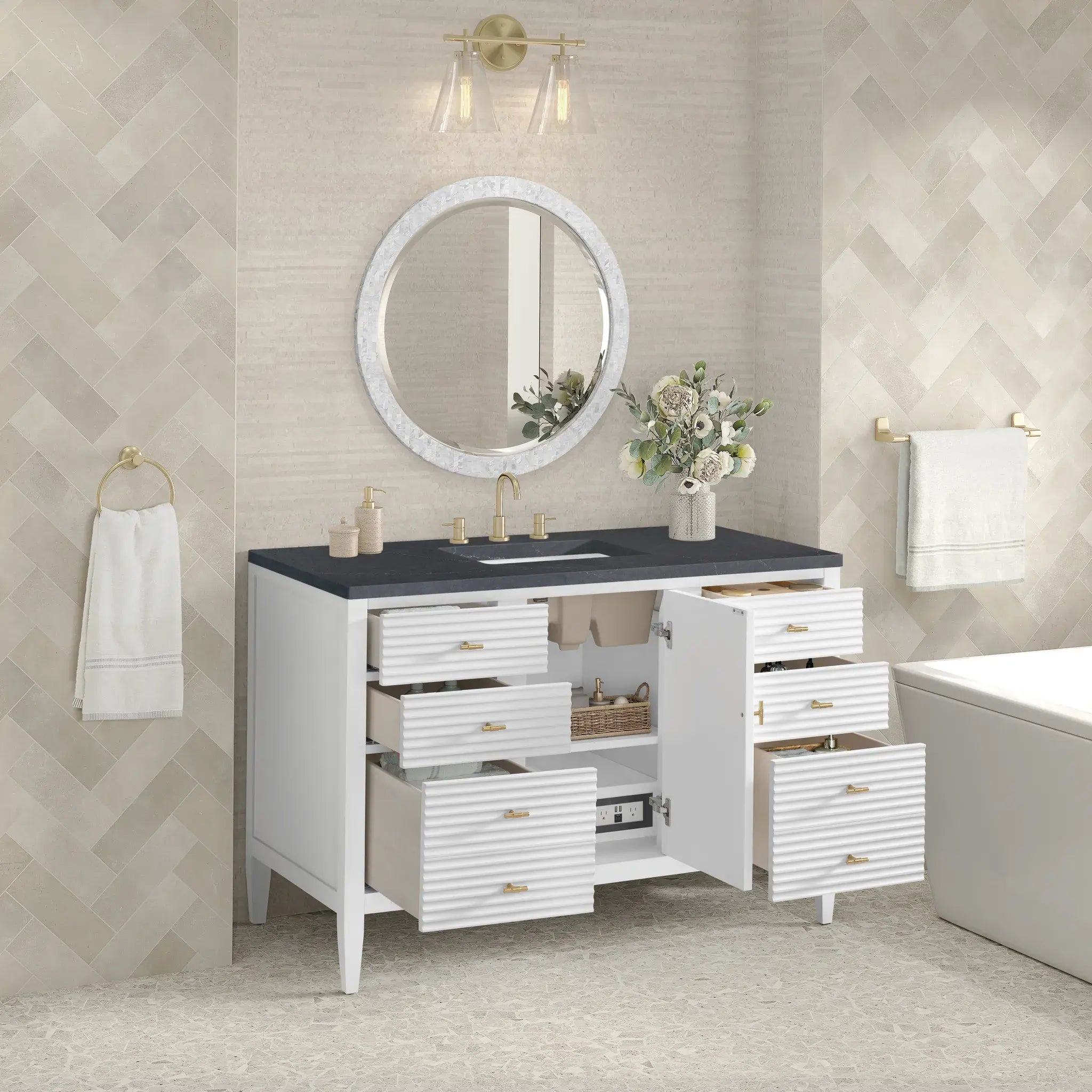 48" Myrrin Single Vanity in Bright White-Charcoal Soapstone Silestone-8" Widespread image 4