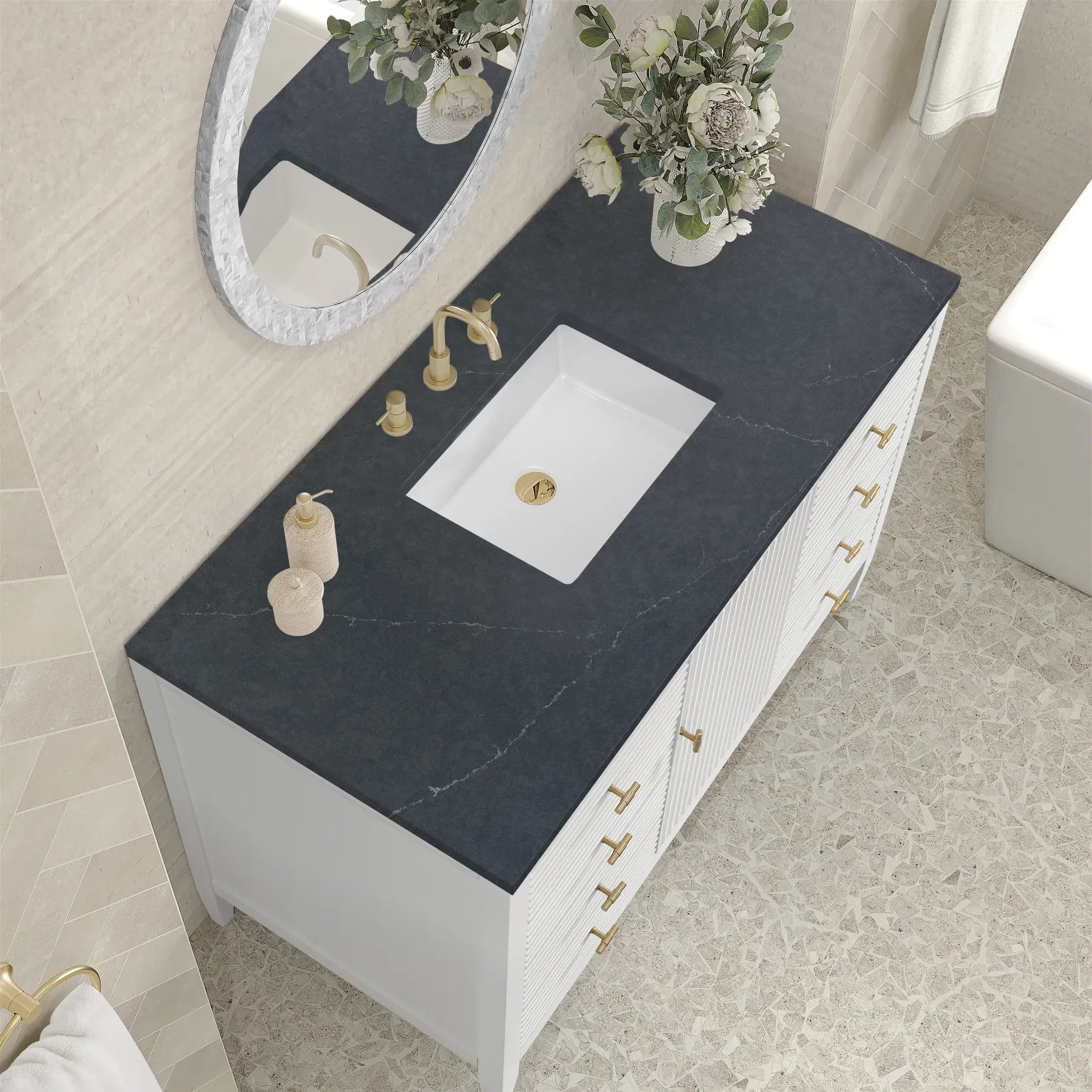 48" Myrrin Single Vanity in Bright White-Charcoal Soapstone Silestone-8" Widespread image 6