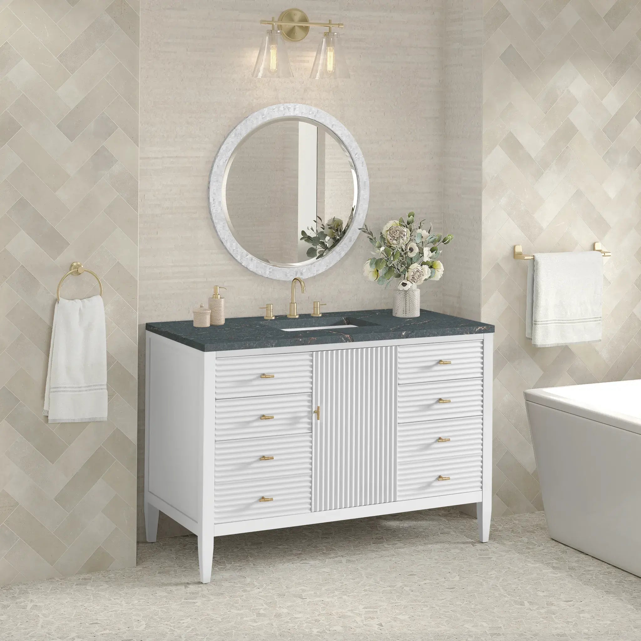 48" Myrrin Single Vanity in Bright White-Parisien Bleu Silestone-8" Widespread image 3