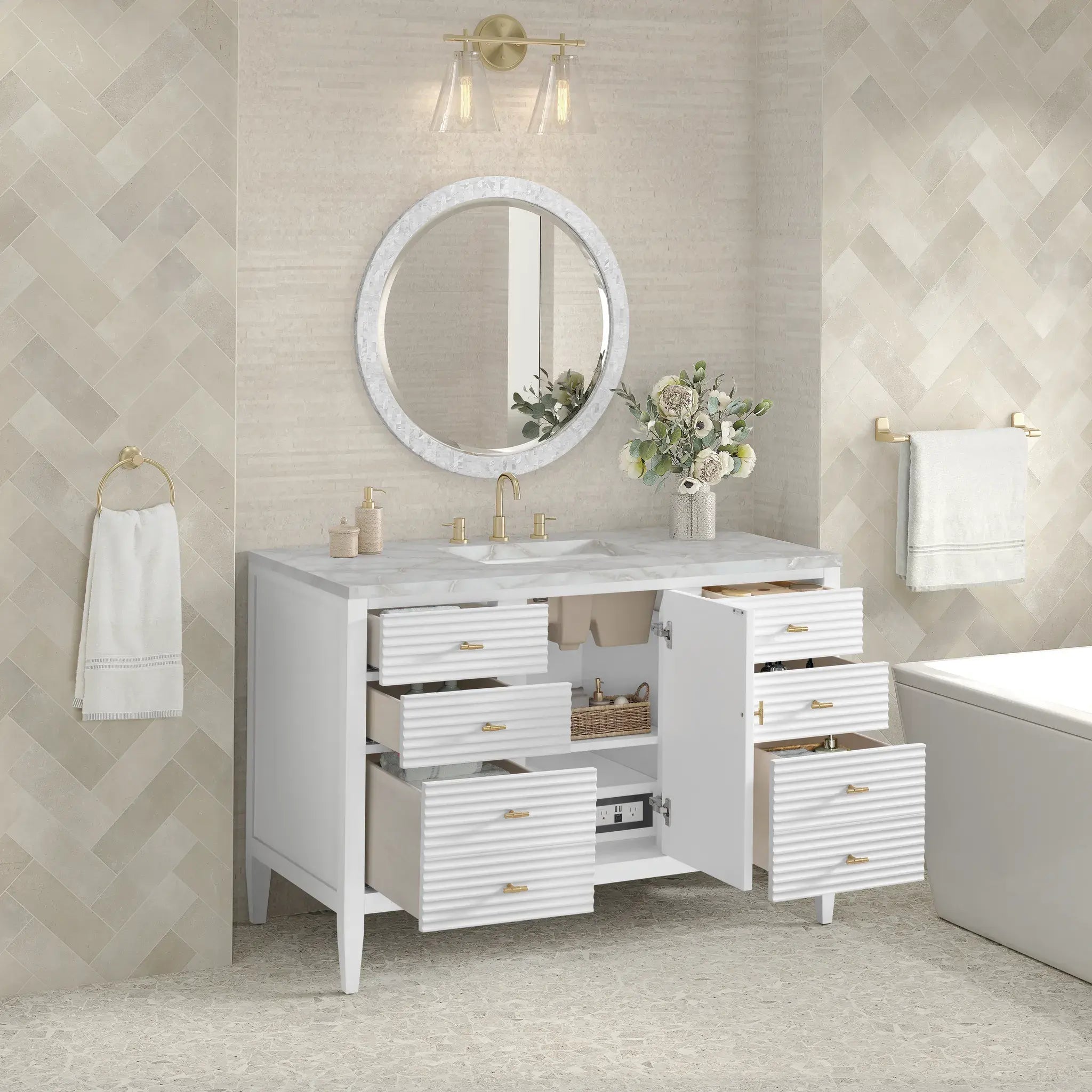 48" Myrrin Single Vanity in Bright White-Victorian Silver Silestone-8" Widespread image 4