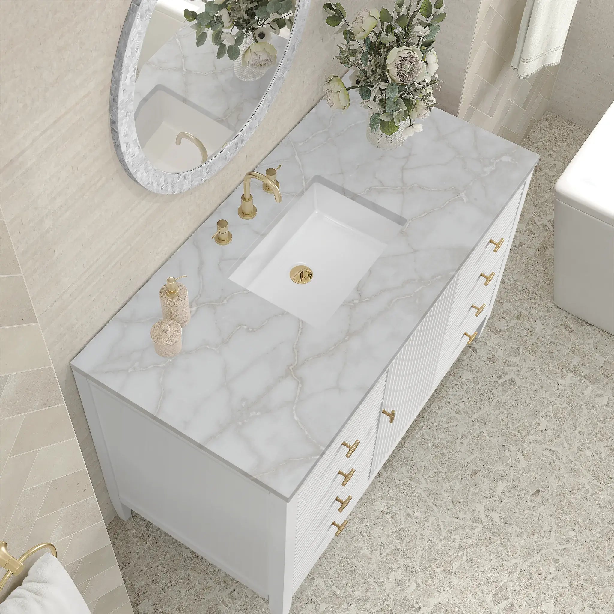 48" Myrrin Single Vanity in Bright White-Victorian Silver Silestone-8" Widespread image 6