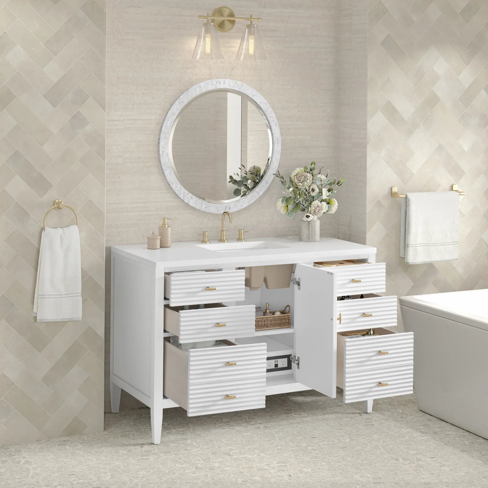 48" Myrrin Single Vanity in Bright White-White Zeus Silestone-8" Widespread image 4