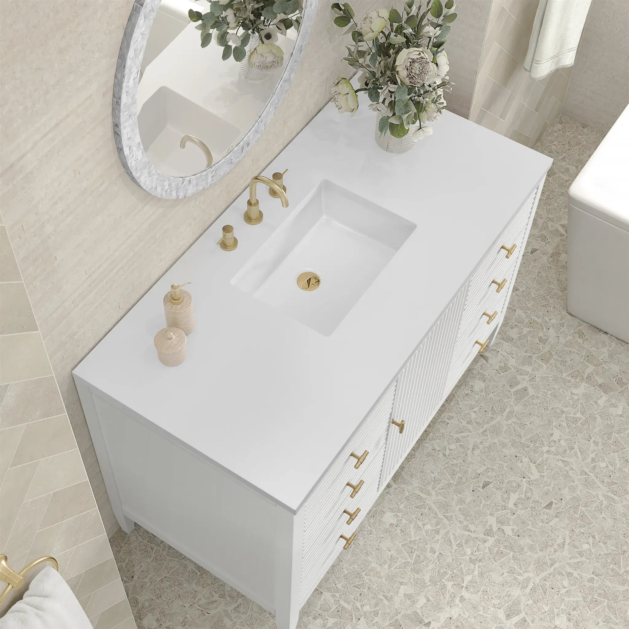 48" Myrrin Single Vanity in Bright White-White Zeus Silestone-8" Widespread image 6