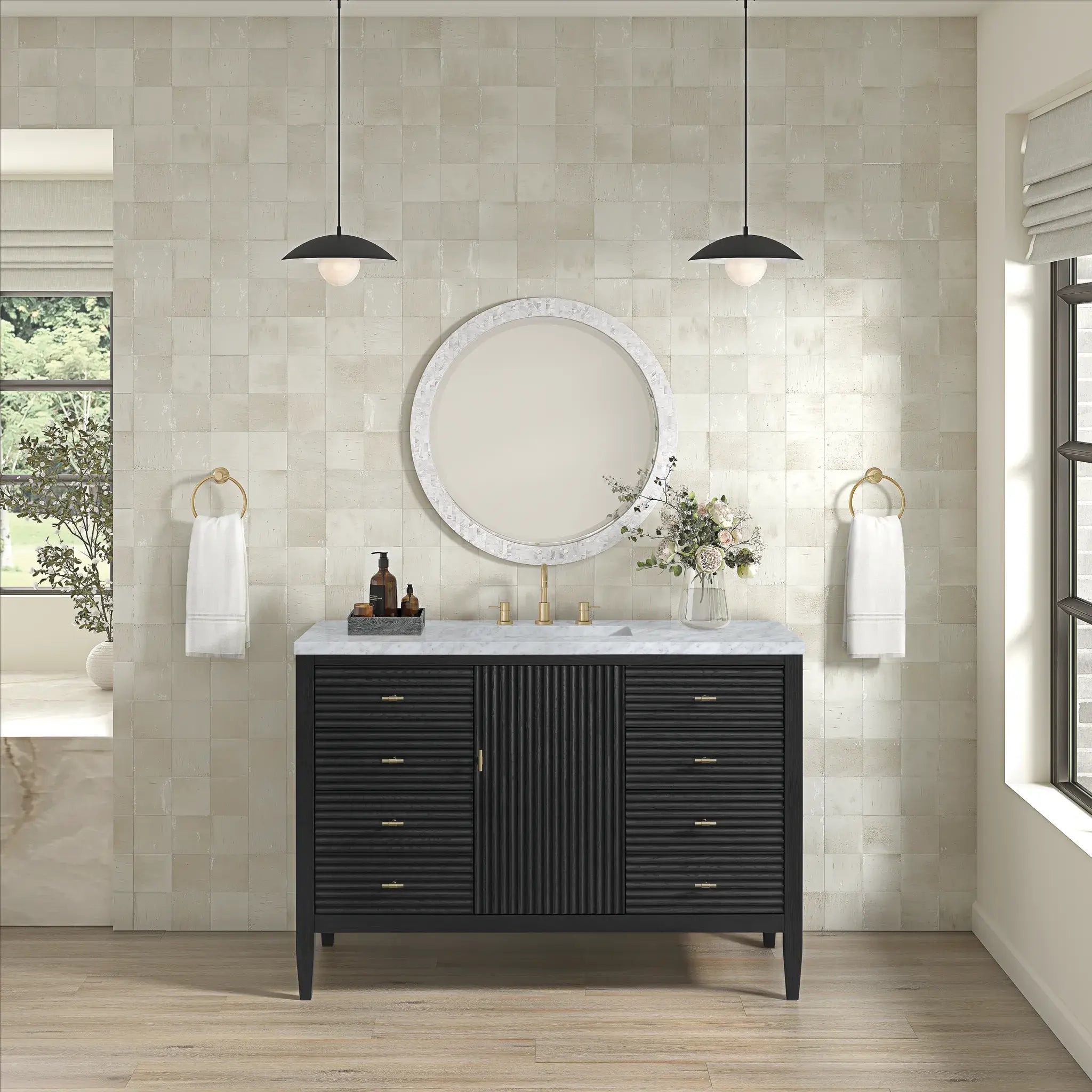 48" Myrrin Single Vanity in Carbon Oak-Carrara White Marble-8" Widespread image 2