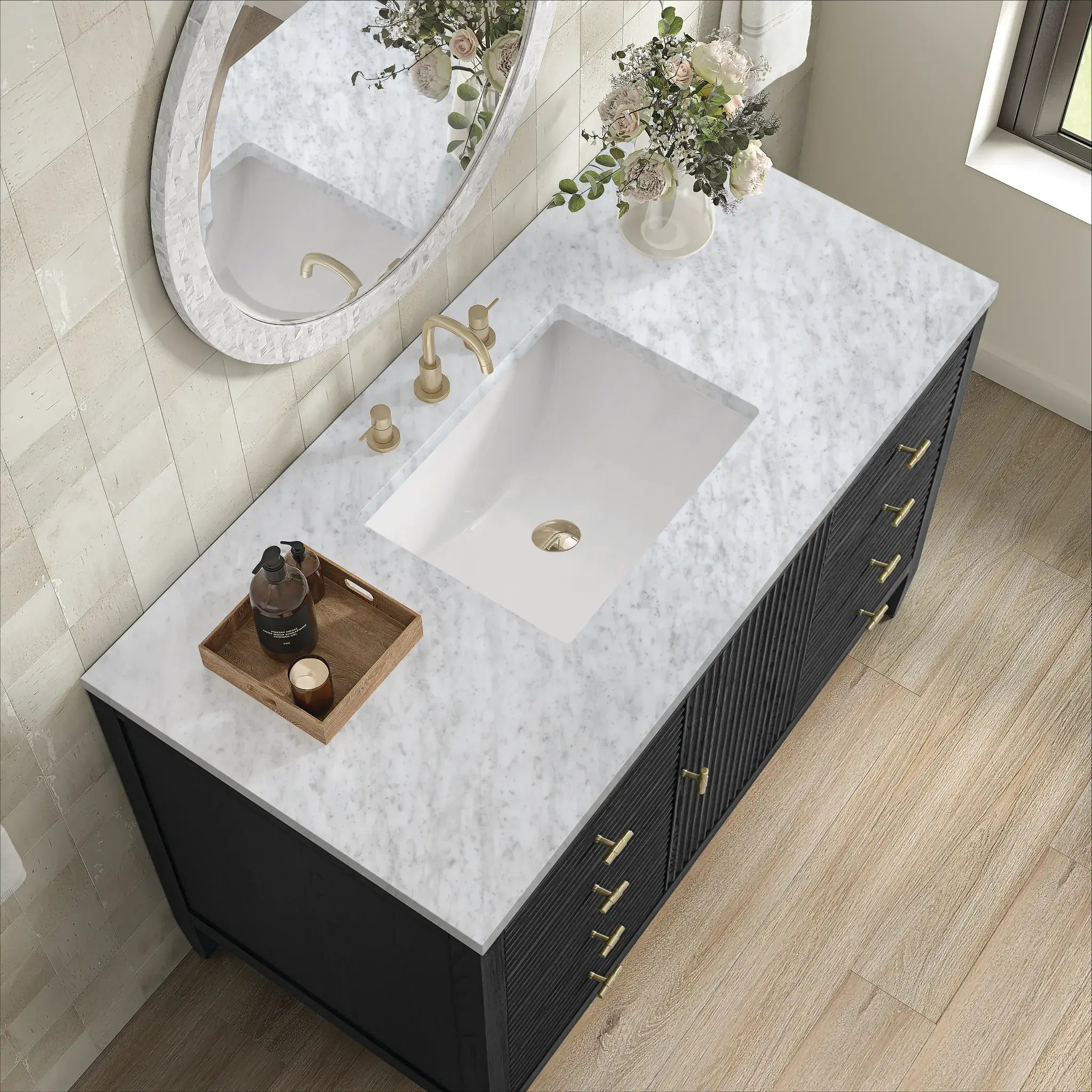 48" Myrrin Single Vanity in Carbon Oak-Carrara White Marble-8" Widespread image 6