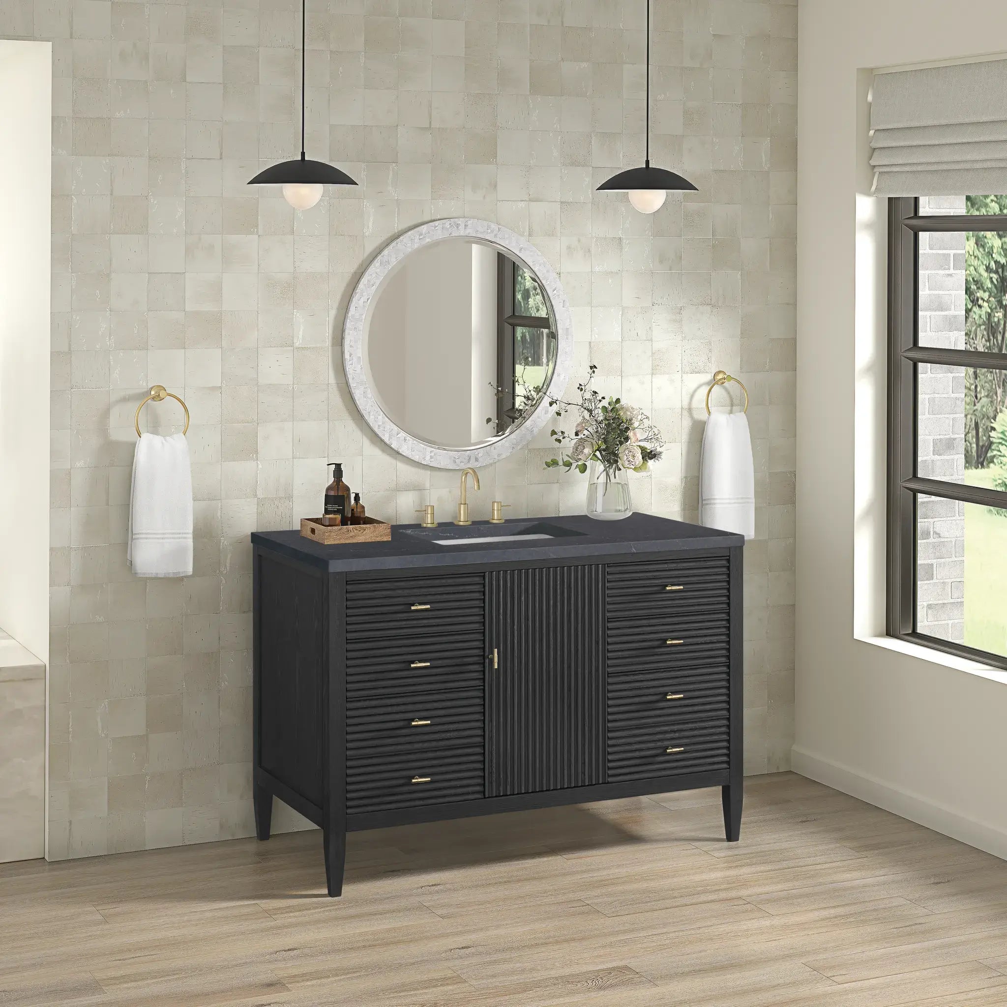 48" Myrrin Single Vanity in Carbon Oak-Charcoal Soapstone Silestone-8" Widespread image 3