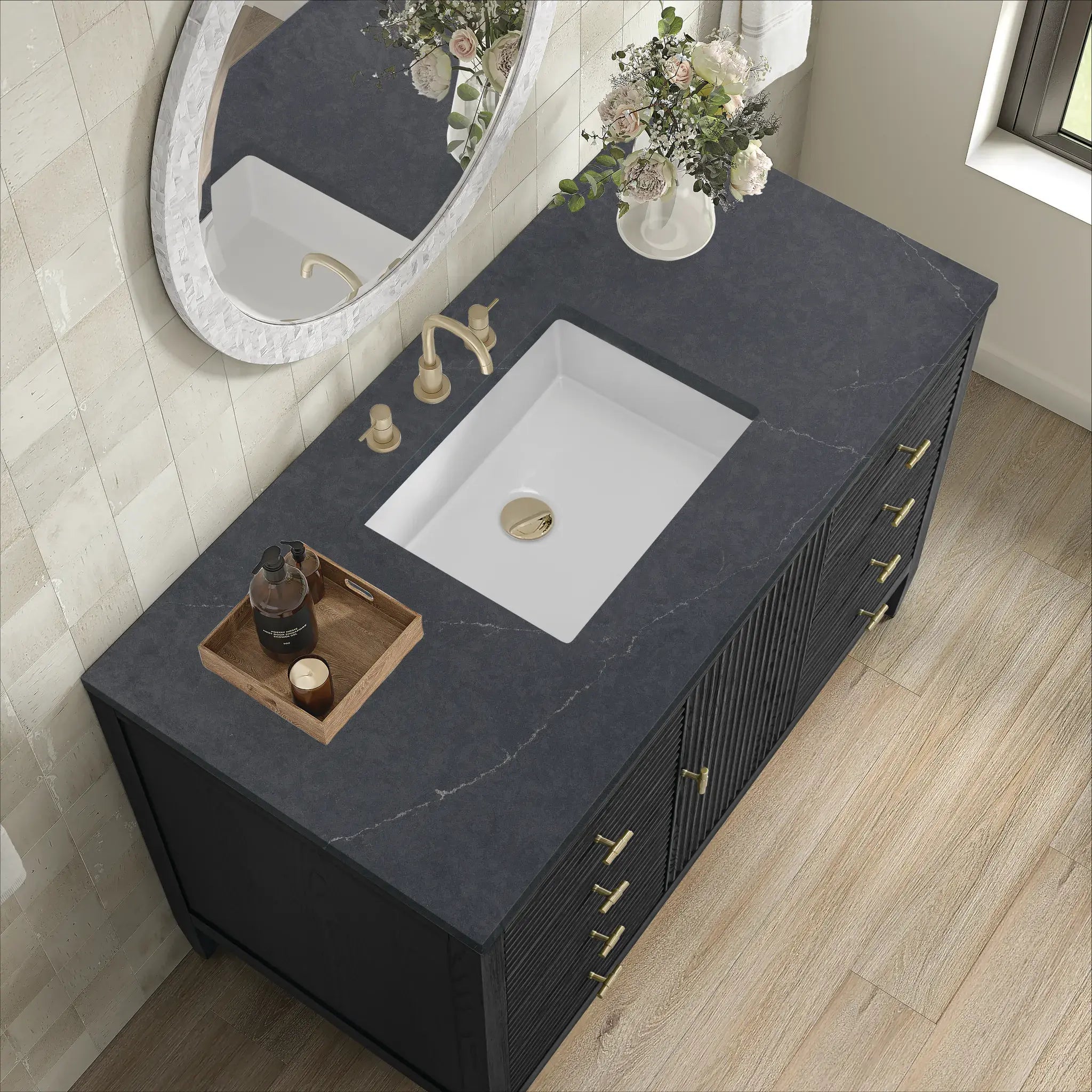 48" Myrrin Single Vanity in Carbon Oak-Charcoal Soapstone Silestone-8" Widespread image 6