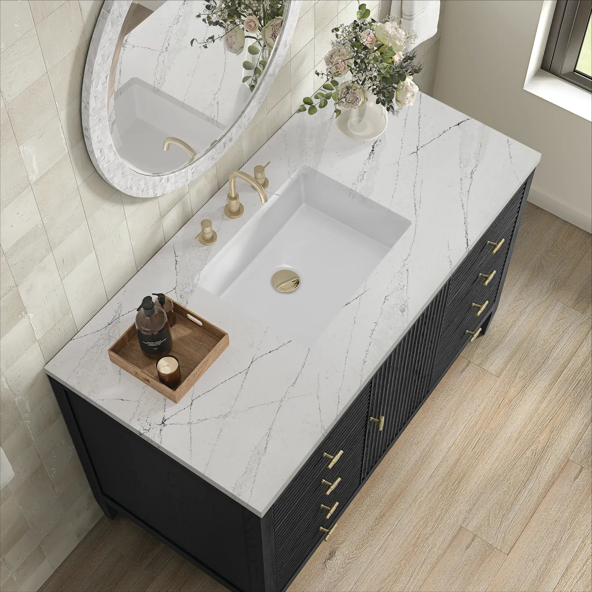 48" Myrrin Single Vanity in Carbon Oak-Ethereal Noctis Silestone-8" Widespread image 6