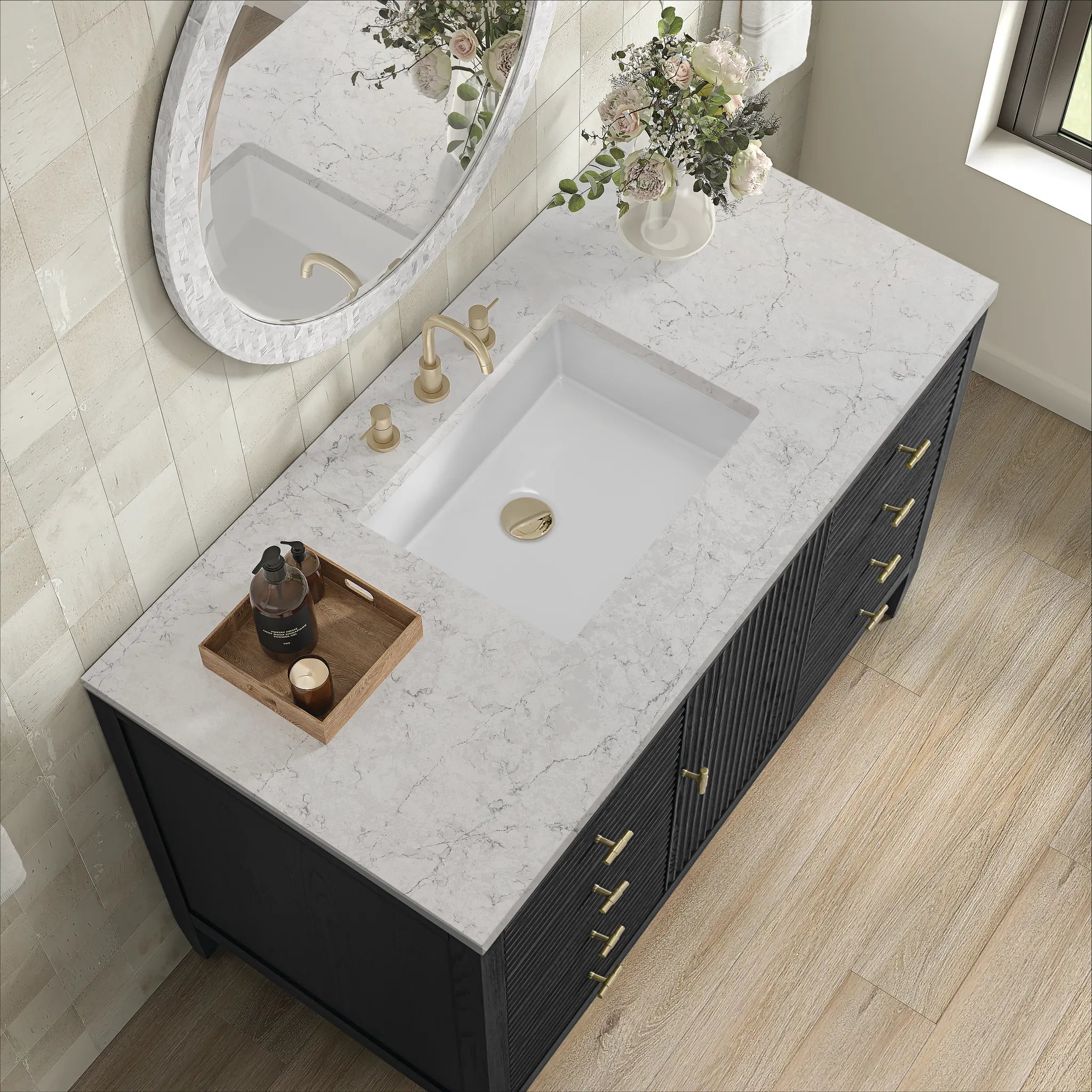 48" Myrrin Single Vanity in Carbon Oak w/FreePower Wireless Charger-Eternal Jasmine Pearl Silestone-8" Widespread image 9