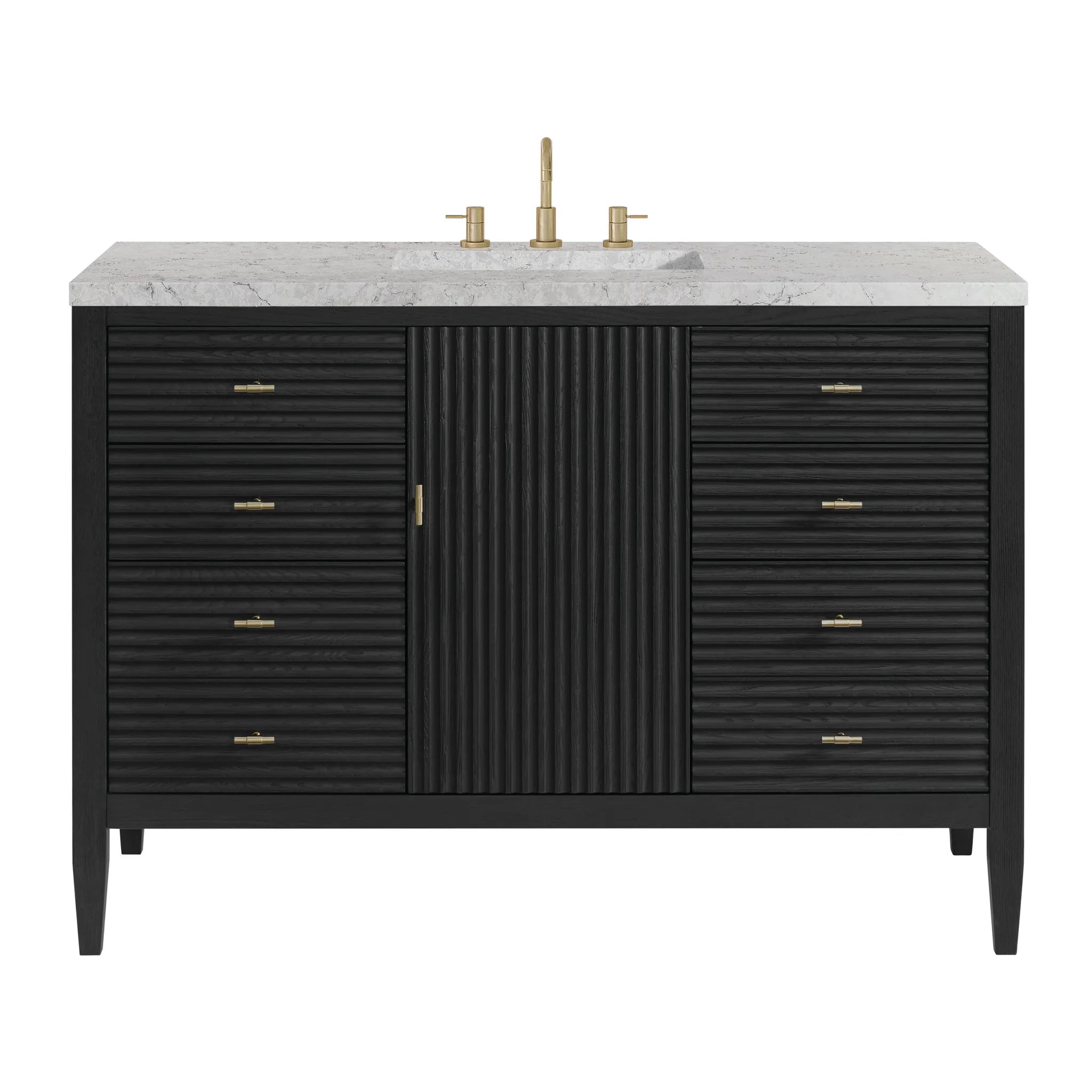 48" Myrrin Single Vanity in Carbon Oak w/FreePower Wireless Charger-Eternal Jasmine Pearl Silestone-8" Widespread image