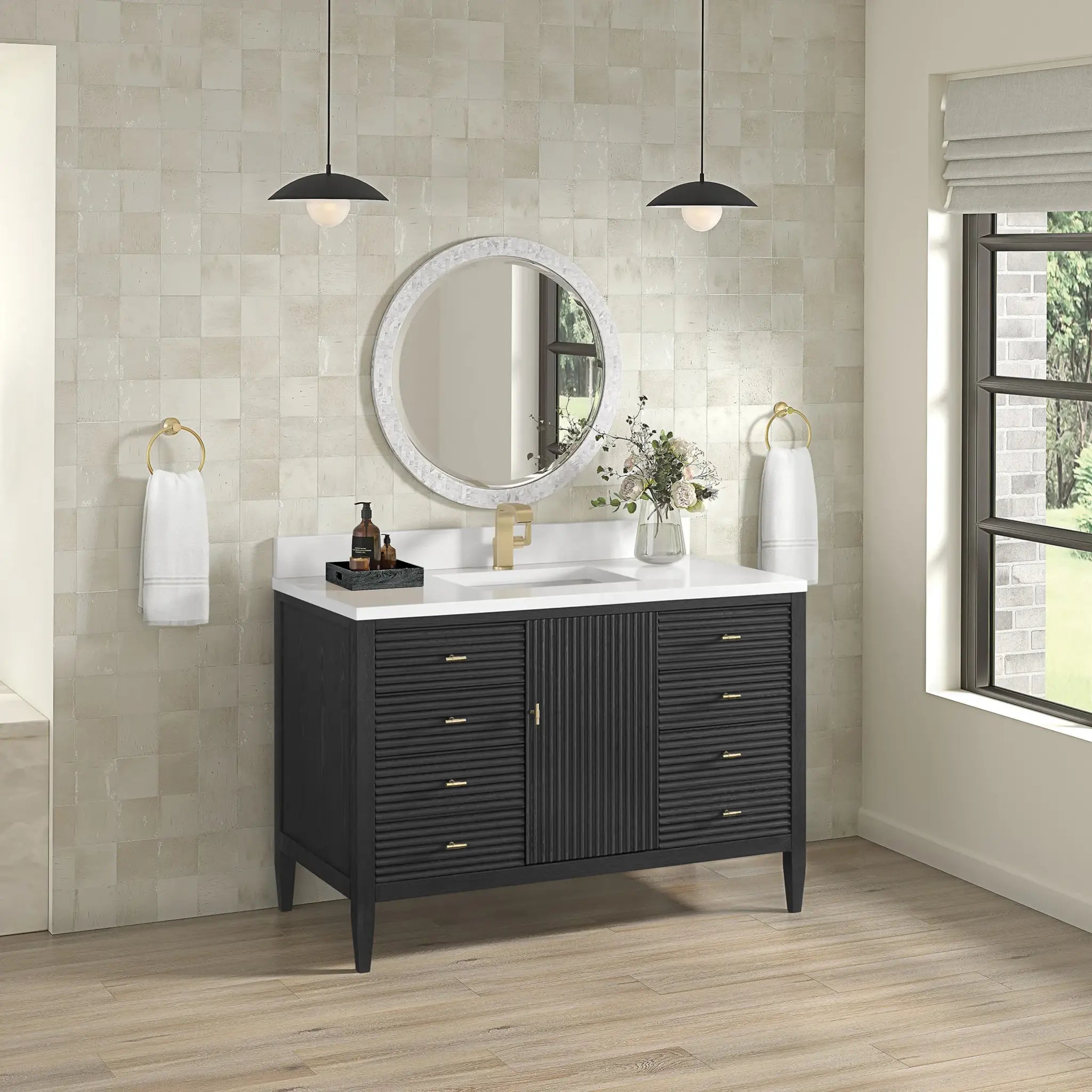 48" Myrrin Single Vanity in Carbon Oak-White Zeus Silestone & Backsplash-Single Hole image 3