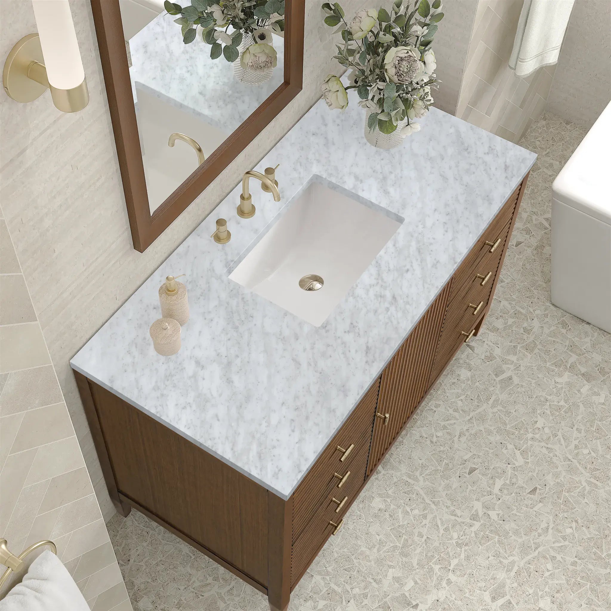 48" Myrrin Single Vanity in Mid Century Walnut-Carrara White Marble-8" Widespread image 6