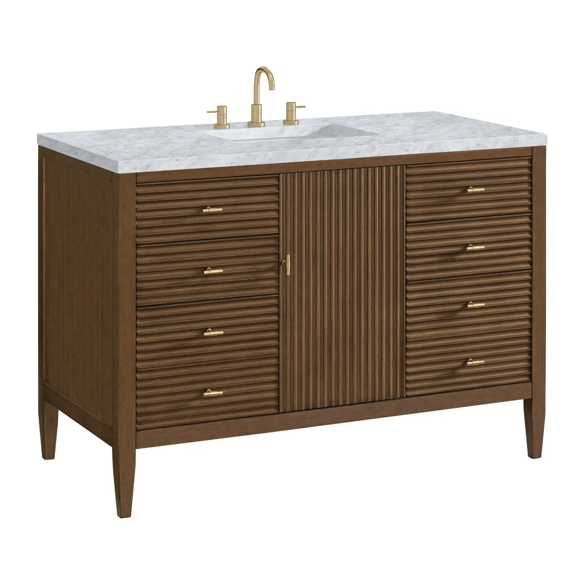 48" Myrrin Single Vanity in Mid Century Walnut-Carrara White Marble-8" Widespread image 9