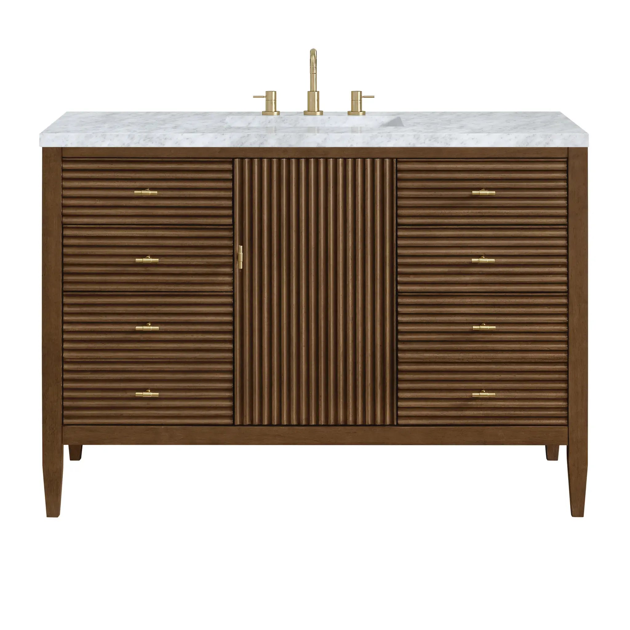 48" Myrrin Single Vanity in Mid Century Walnut-Carrara White Marble-8" Widespread image