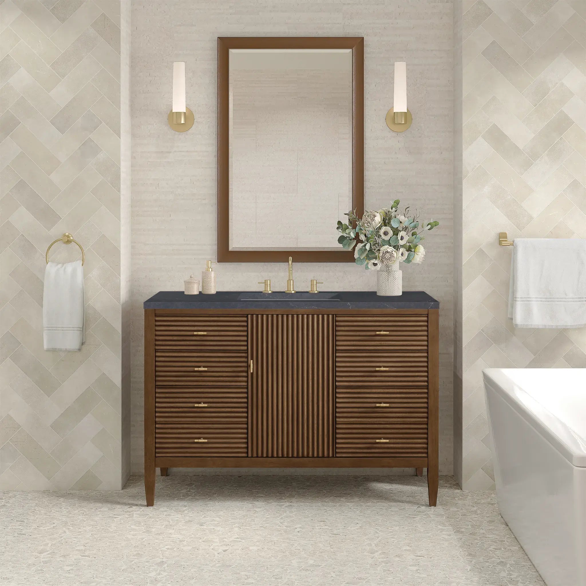 48" Myrrin Single Vanity in Mid Century Walnut-Charcoal Soapstone Silestone-8" Widespread image 2