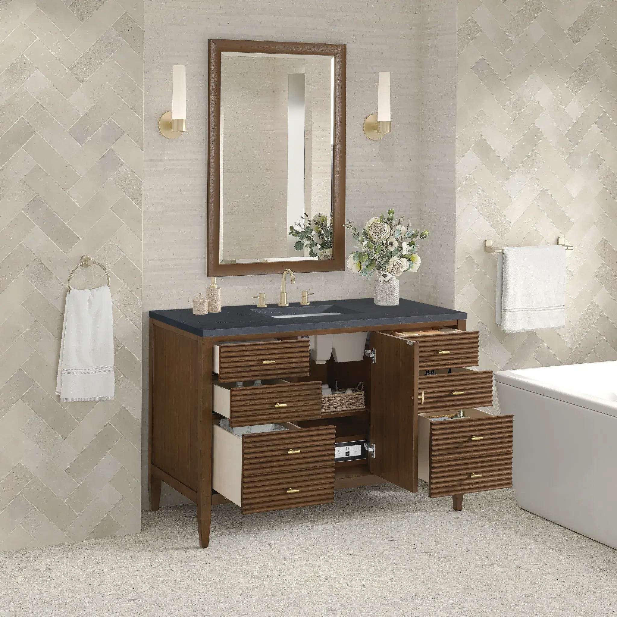 48" Myrrin Single Vanity in Mid Century Walnut-Charcoal Soapstone Silestone-8" Widespread image 4