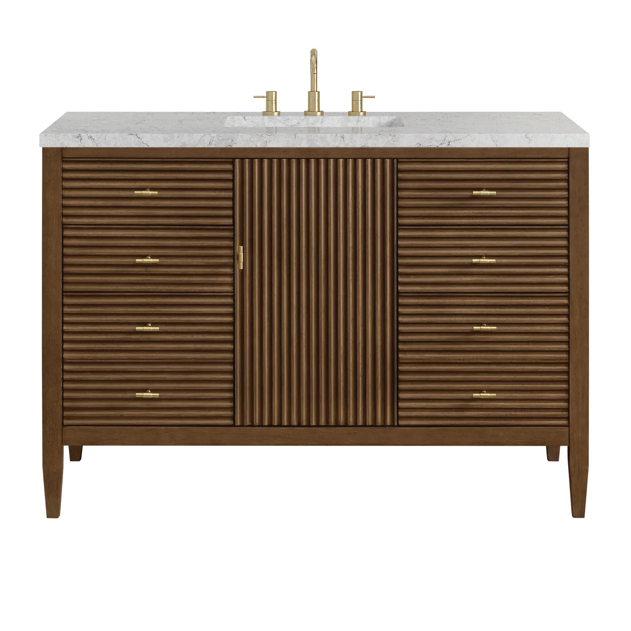 48" Myrrin Single Vanity in Mid Century Walnut-Eternal Jasmine Pearl Silestone-8" Widespread image