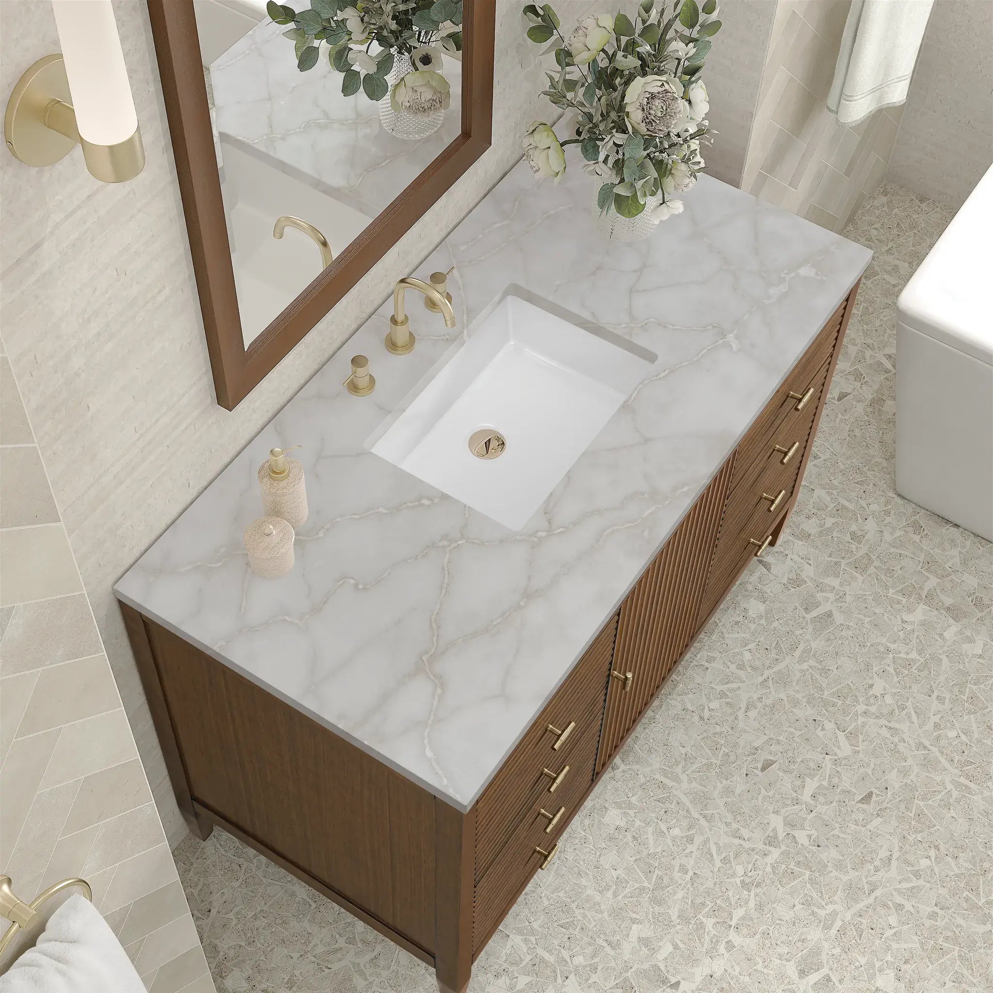 48" Myrrin Single Vanity in Mid Century Walnut-Victorian Silver Silestone-8" Widespread image 6