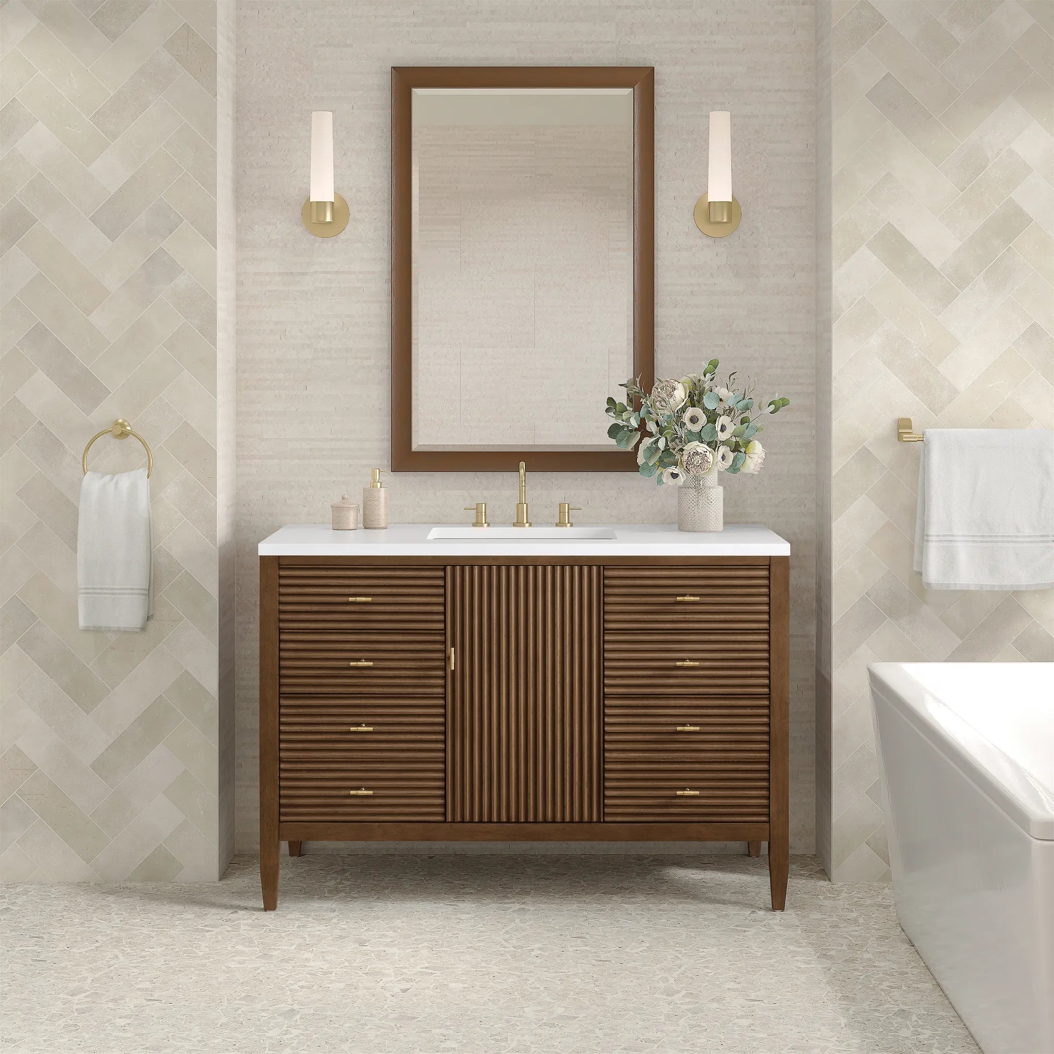 48" Myrrin Single Vanity in Mid Century Walnut w/FreePower Wireless Charger-Cabinet Only-Not Available image 2