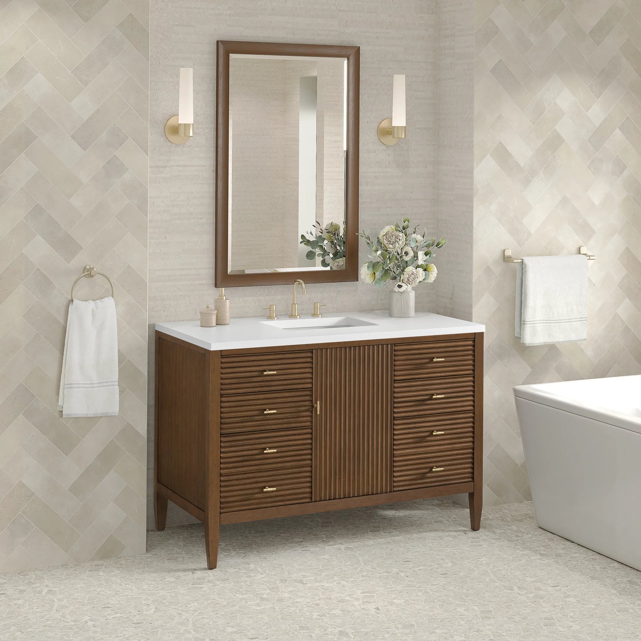 48" Myrrin Single Vanity in Mid Century Walnut w/FreePower Wireless Charger-Cabinet Only-Not Available image 3