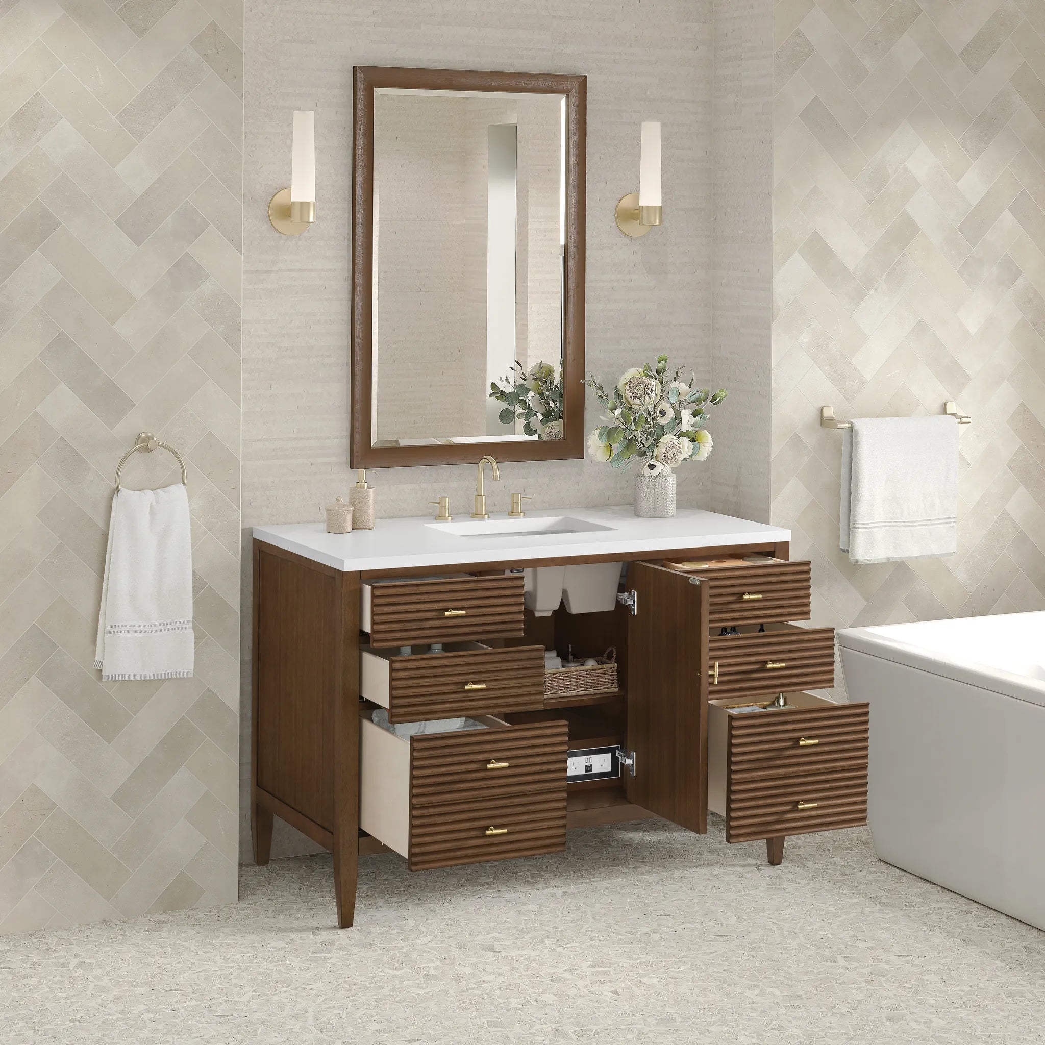 48" Myrrin Single Vanity in Mid Century Walnut w/FreePower Wireless Charger-Cabinet Only-Not Available image 4