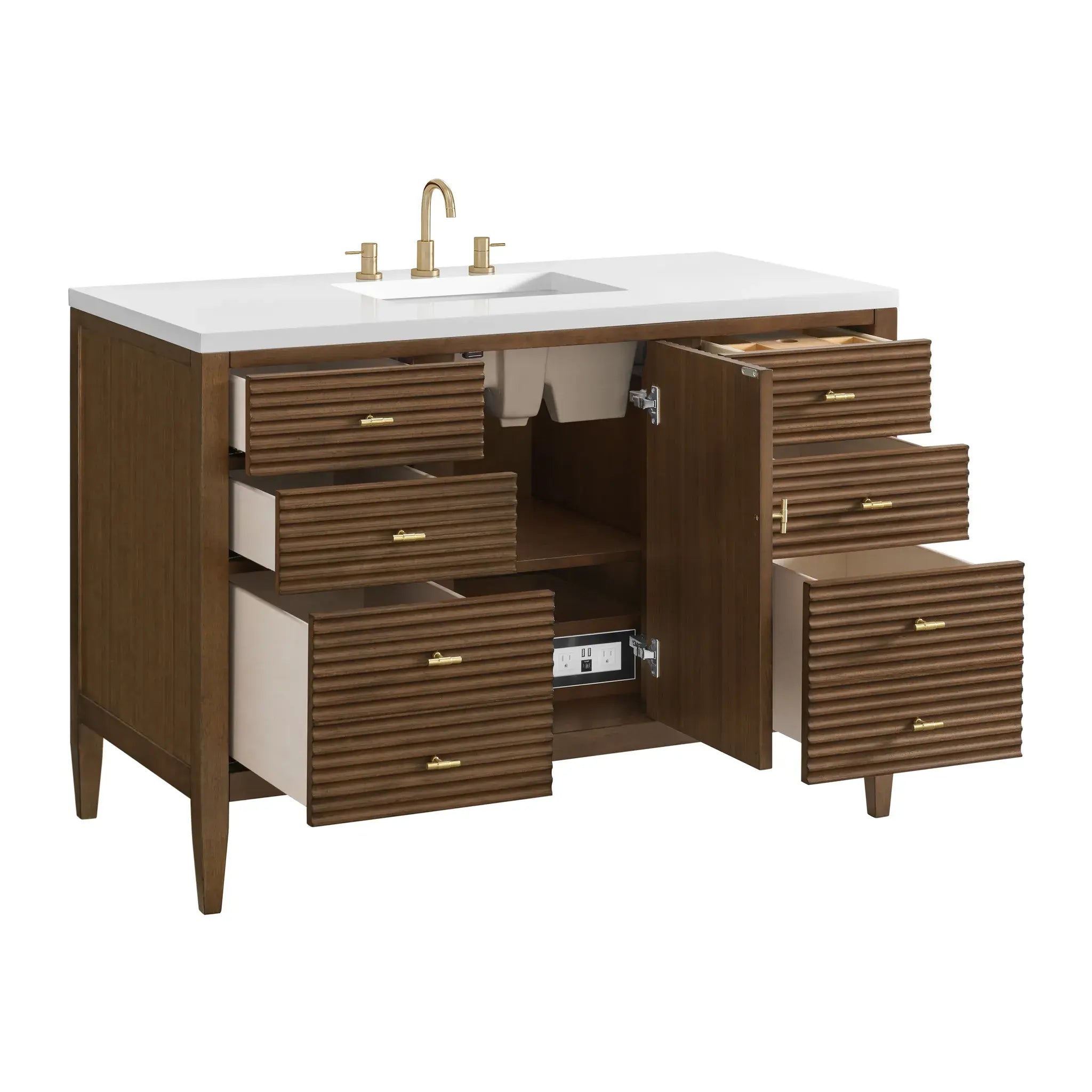 48" Myrrin Single Vanity in Mid Century Walnut-White Zeus Silestone-8" Widespread image 9