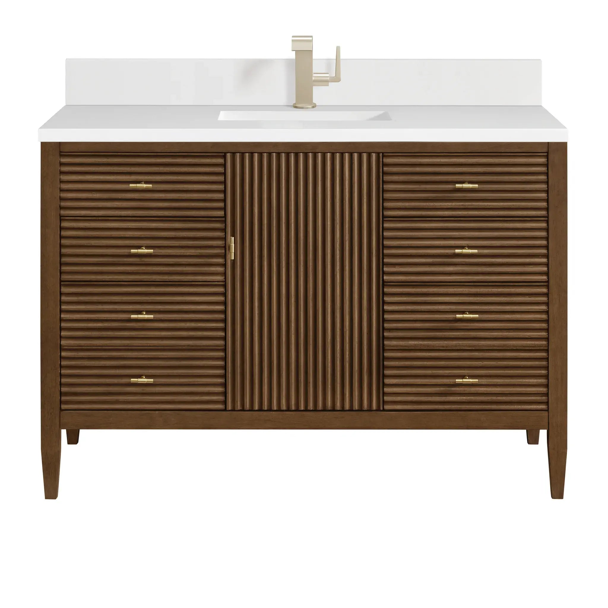 48" Myrrin Single Vanity in Mid Century Walnut-White Zeus Silestone & Backsplash-Single Hole image