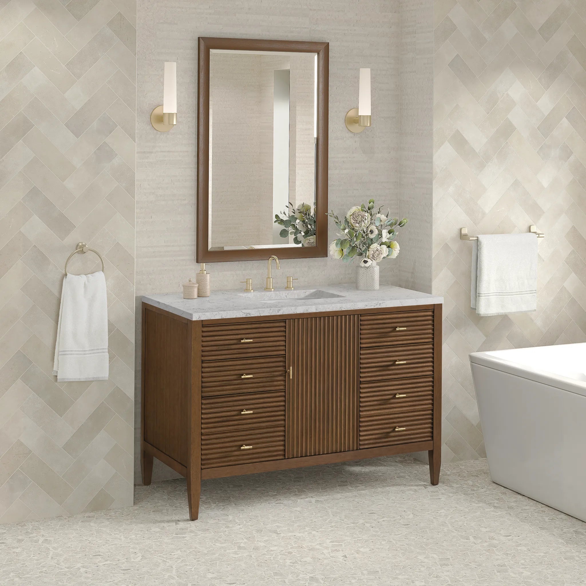 48" Myrrin Single Vanity in Mid Century Walnut Wireless Charger-Eternal Jasmine Pearl Silestone-8" Widespread image 6