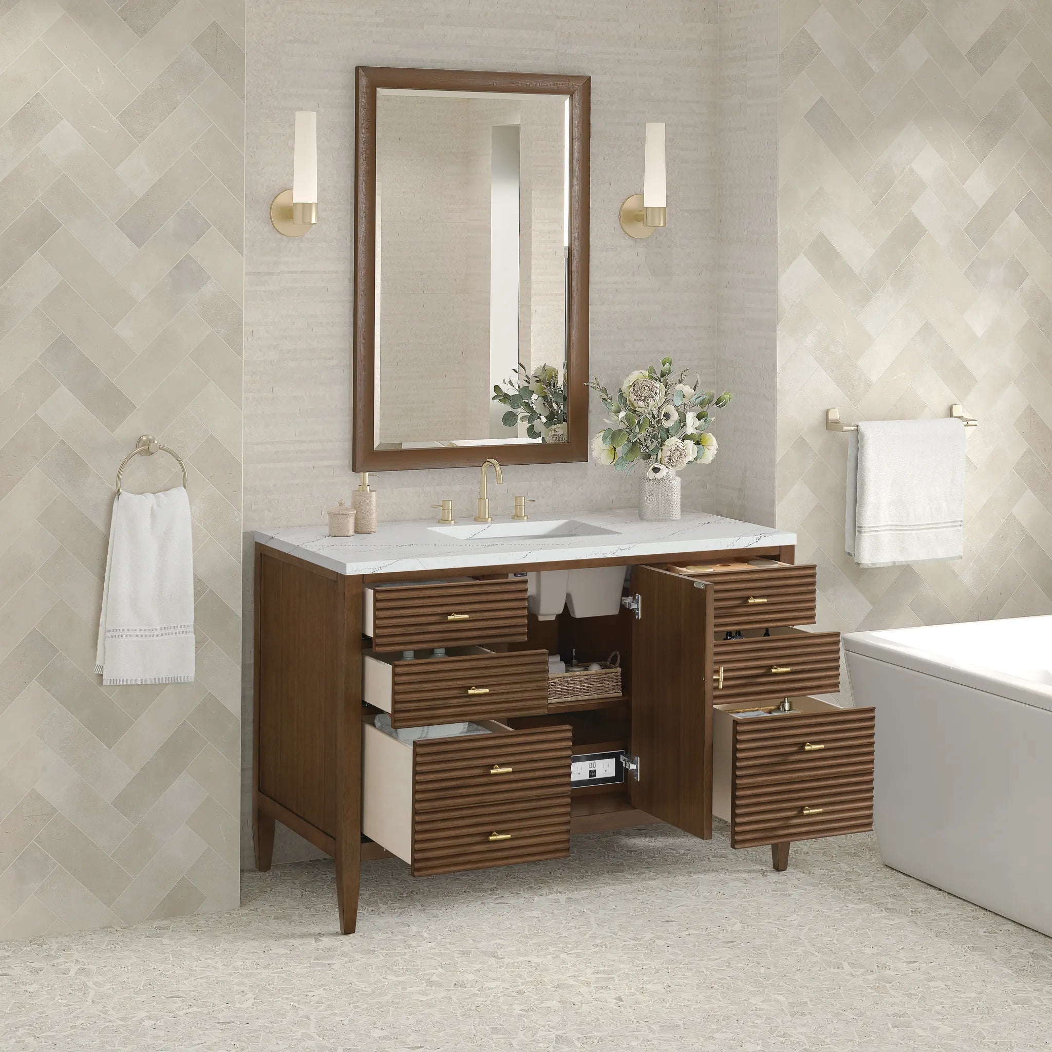 48" Myrrin Single Vanity in Mid Century Walnut Wireless Charger-Ethereal Noctis Silestone-8" Widespread image 7