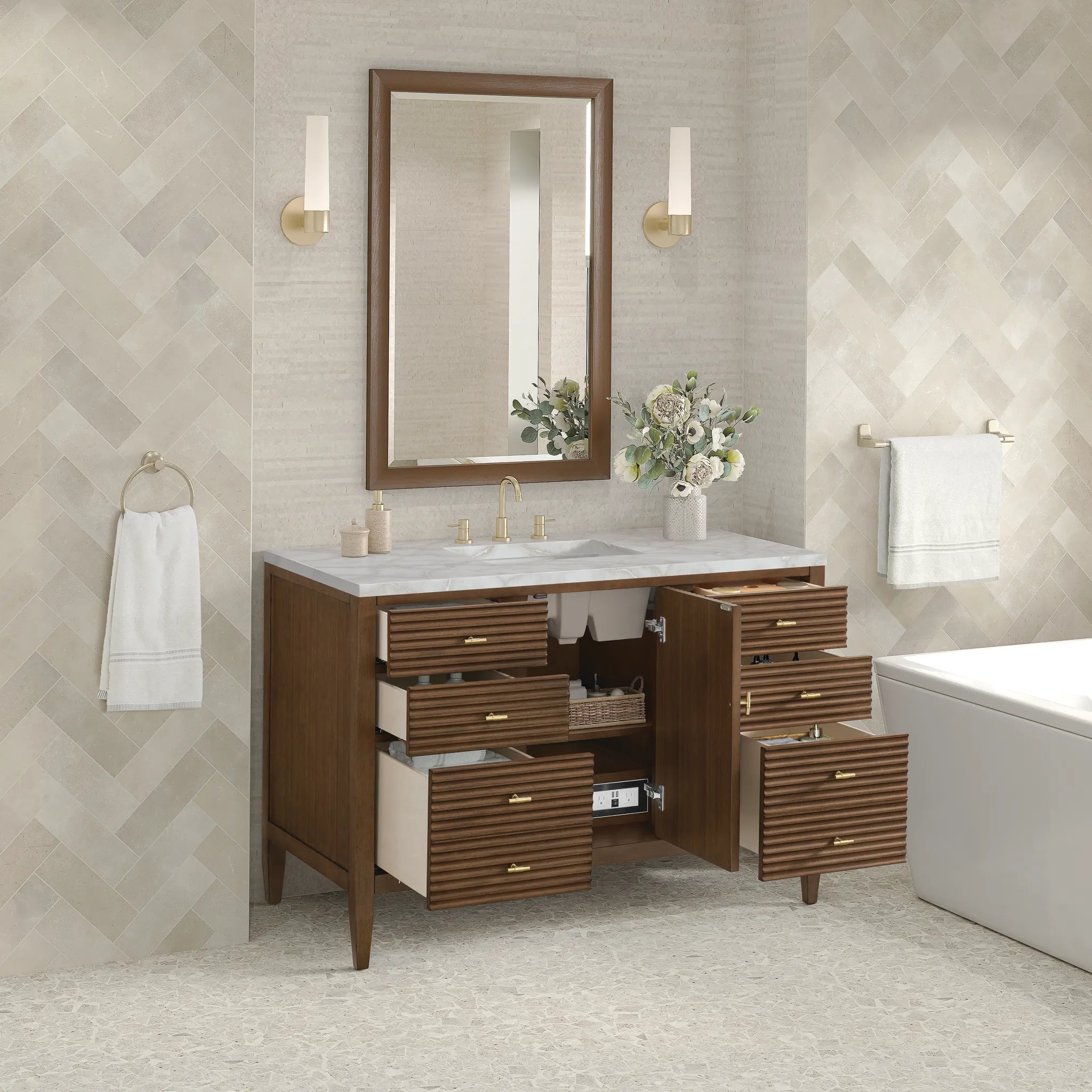48" Myrrin Single Vanity in Mid Century Walnut Wireless Charger-Victorian Silver Silestone-8" Widespread image 7