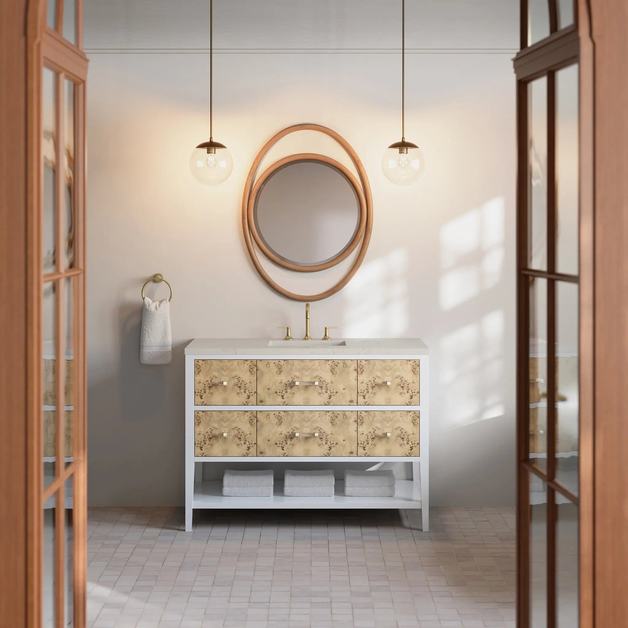 48 Olena Single Vanity In Light Mappa Burl And Polished White Power Enabled Siberian Silestone 8 Widespread 5