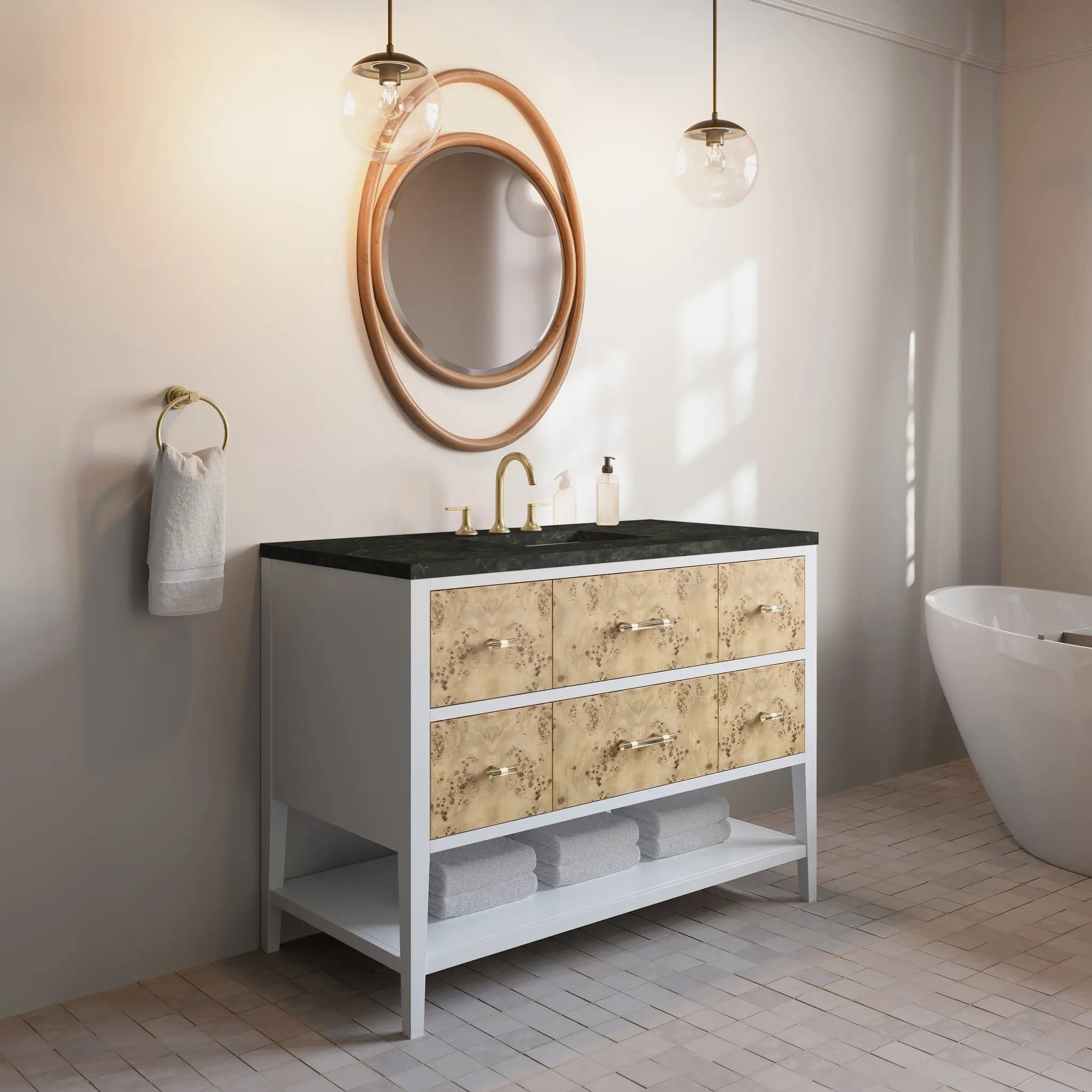 48 Olena Single Vanity In Light Mappa Burl And Polished White Standard Phantome Eclos 8 Widespread 4