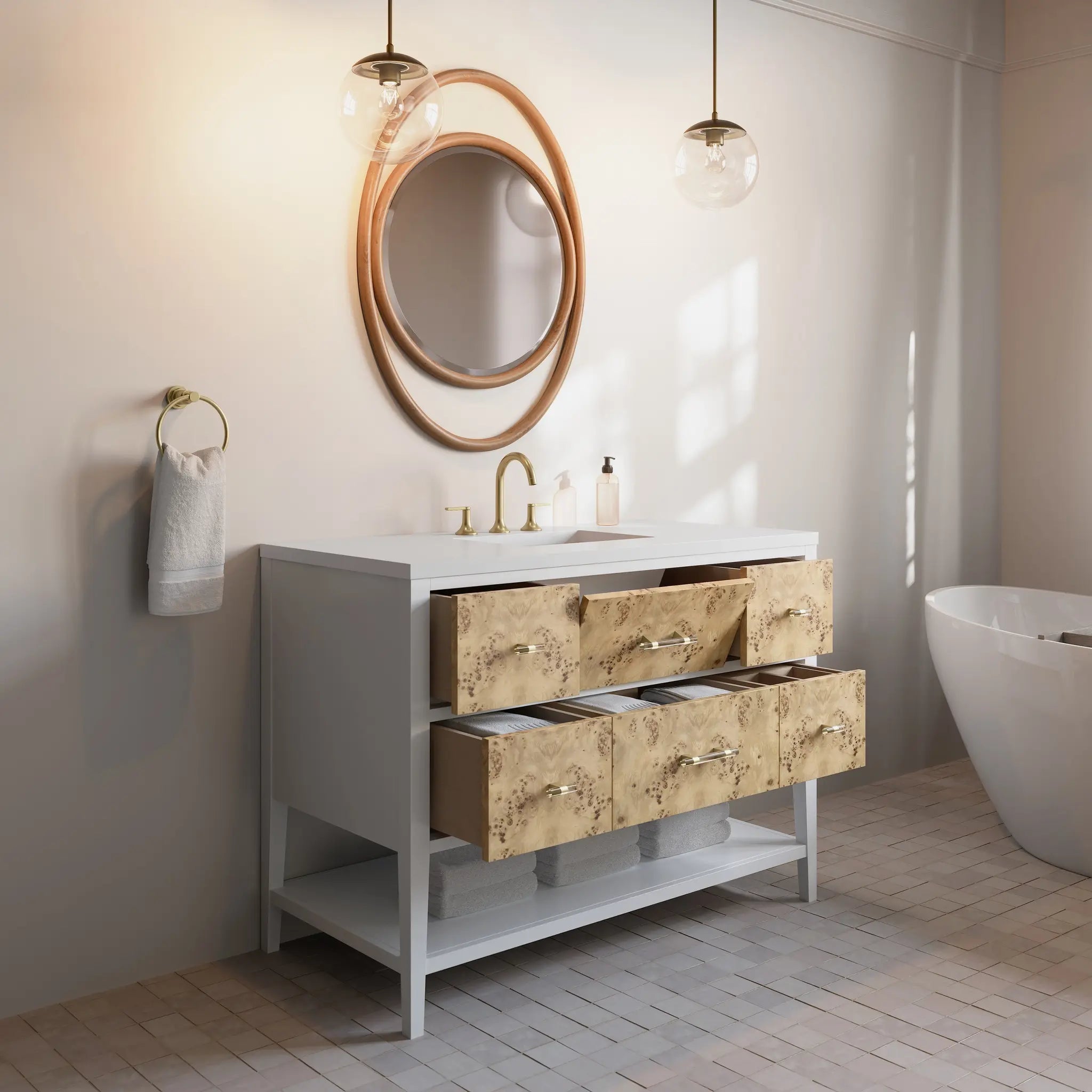 48 Olena Single Vanity In Light Mappa Burl And Polished White Standard White Zeus Silestone 8 Widespread 5