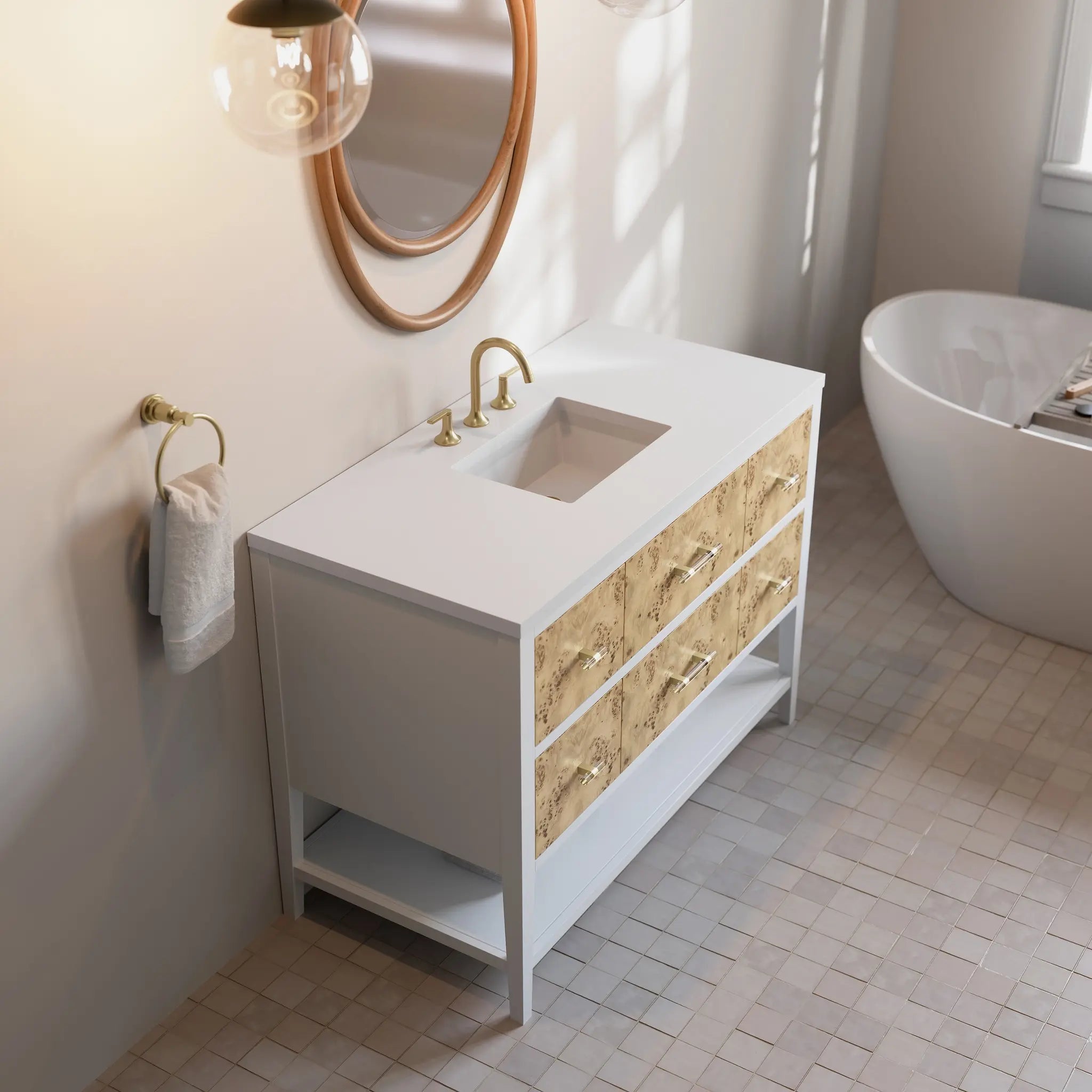 48 Olena Single Vanity In Light Mappa Burl And Polished White Standard White Zeus Silestone 8 Widespread 7