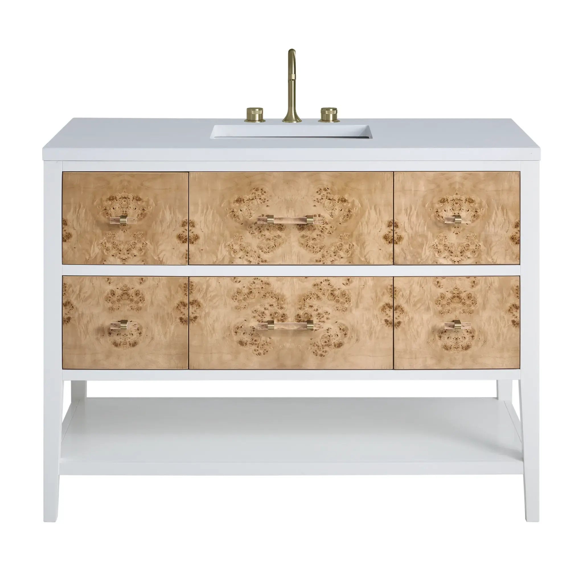 48" Olena Single Vanity in Light Mappa Burl and Polished White-White Zeus Silestone-8" Widespread image