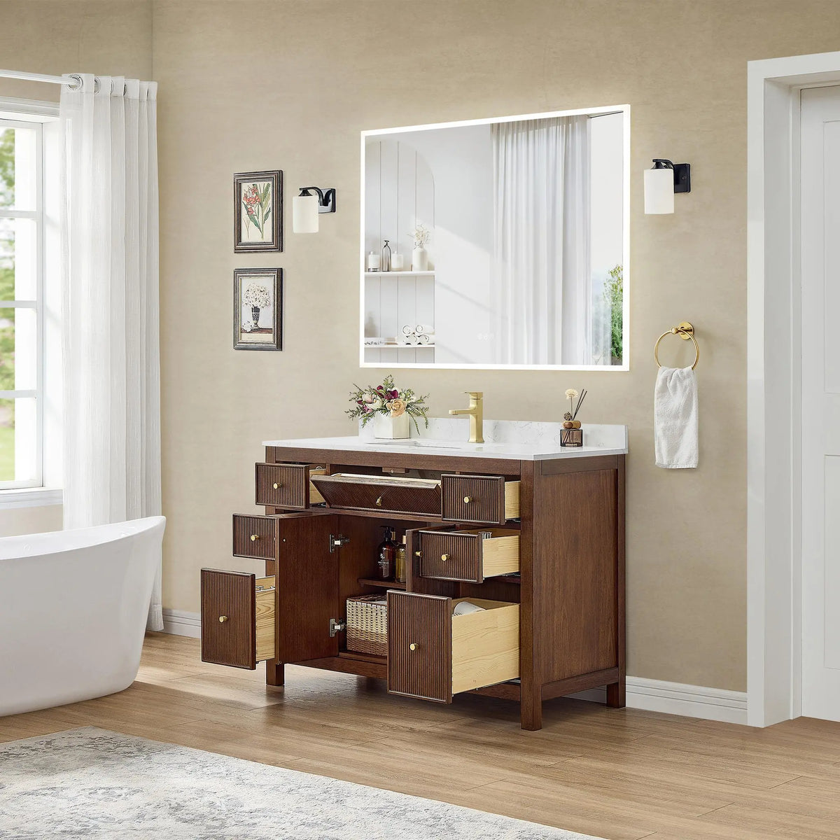 48" Pendry Single Bathroom Vanity Dark Walnut Brushed Gold Trim by wyndham View 4