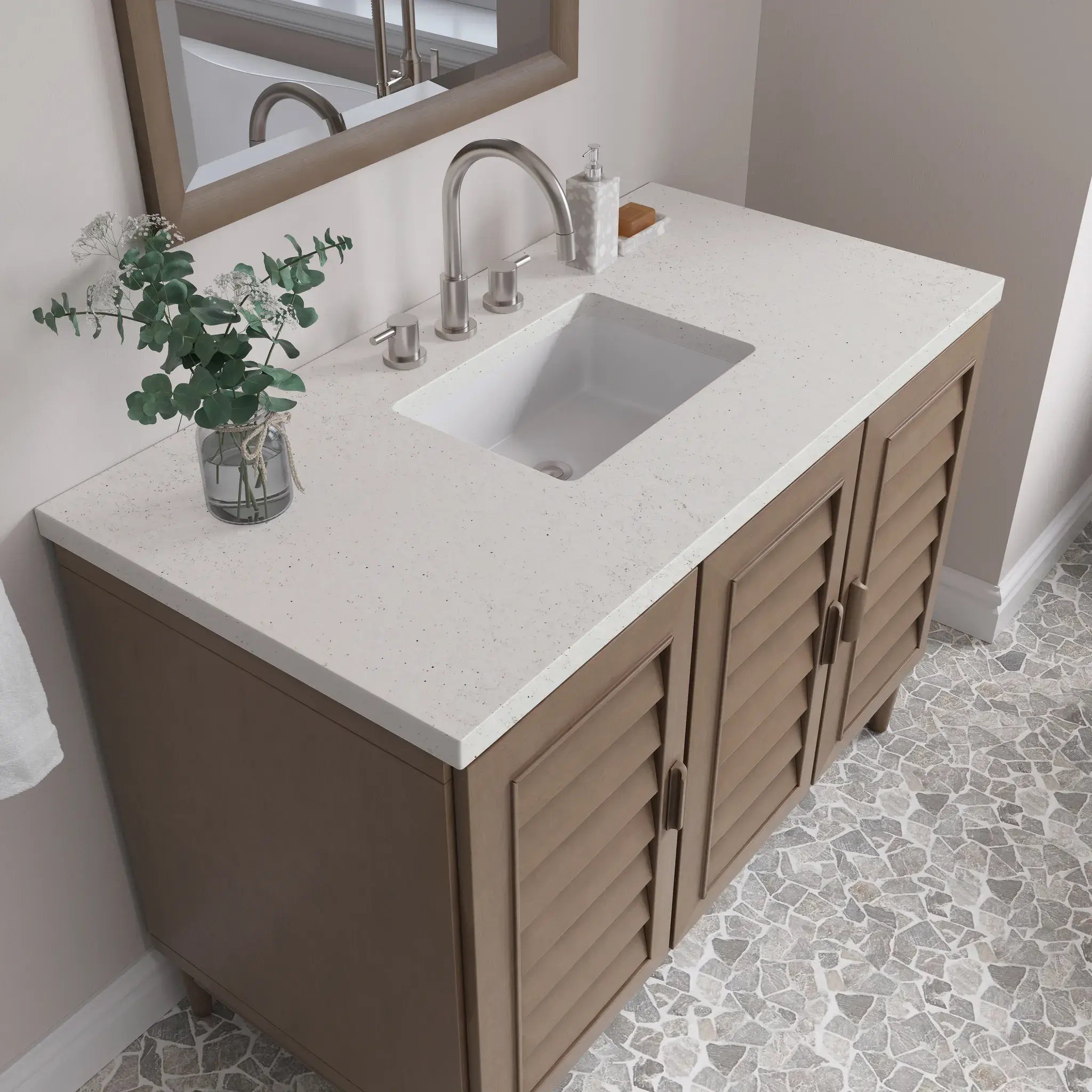 48" Portland Single Vanity in Whitewashed Walnut-Lime Delight Silestone-8" Widespread image 4