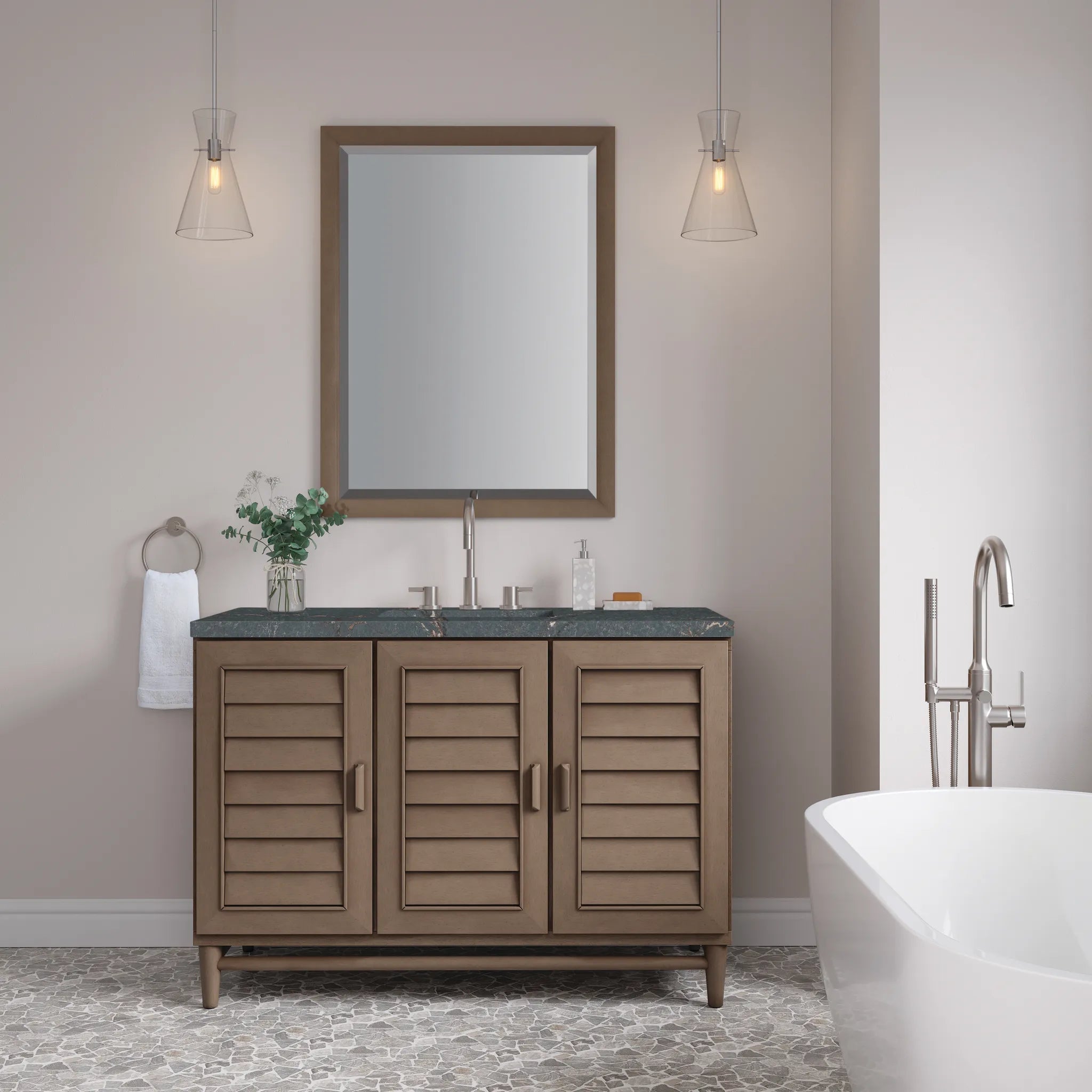 48" Portland Single Vanity in Whitewashed Walnut Wireless Charger-Parisien Bleu Silestone-8" Widespread image 4