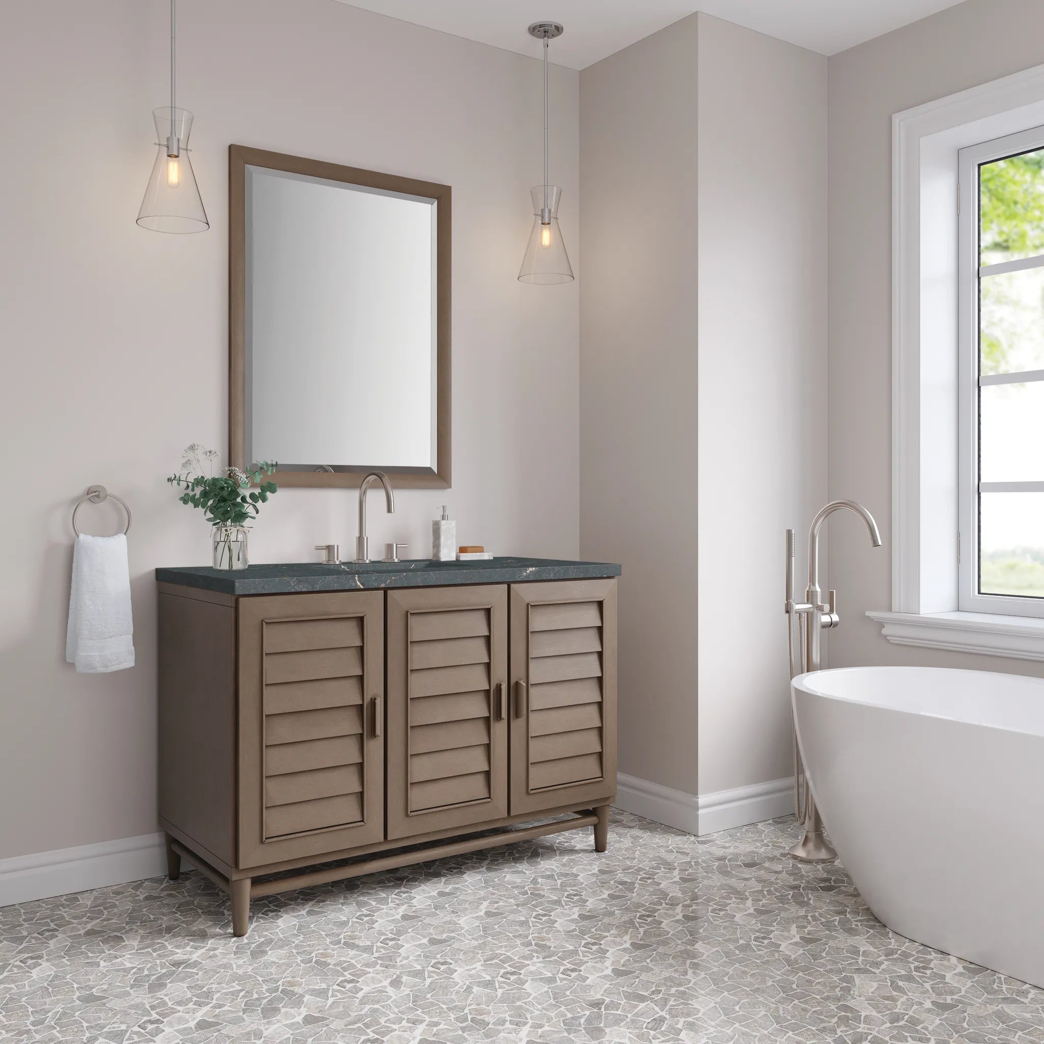 48" Portland Single Vanity in Whitewashed Walnut Wireless Charger-Parisien Bleu Silestone-8" Widespread image 5