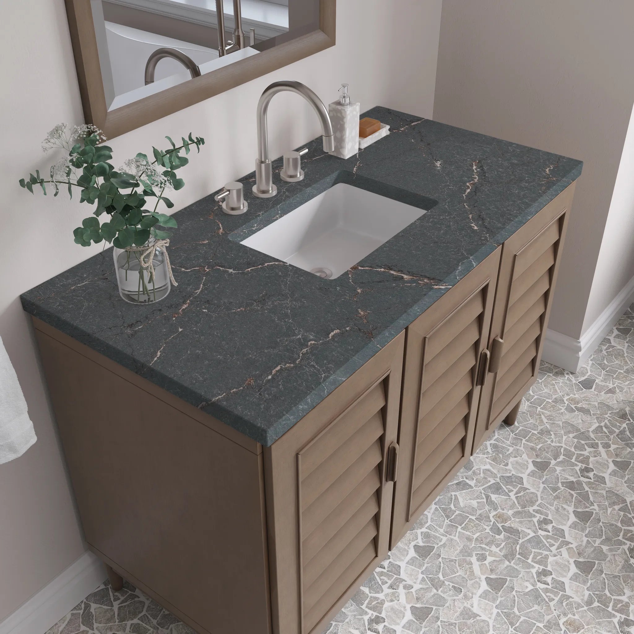48" Portland Single Vanity in Whitewashed Walnut Wireless Charger-Parisien Bleu Silestone-8" Widespread image 7